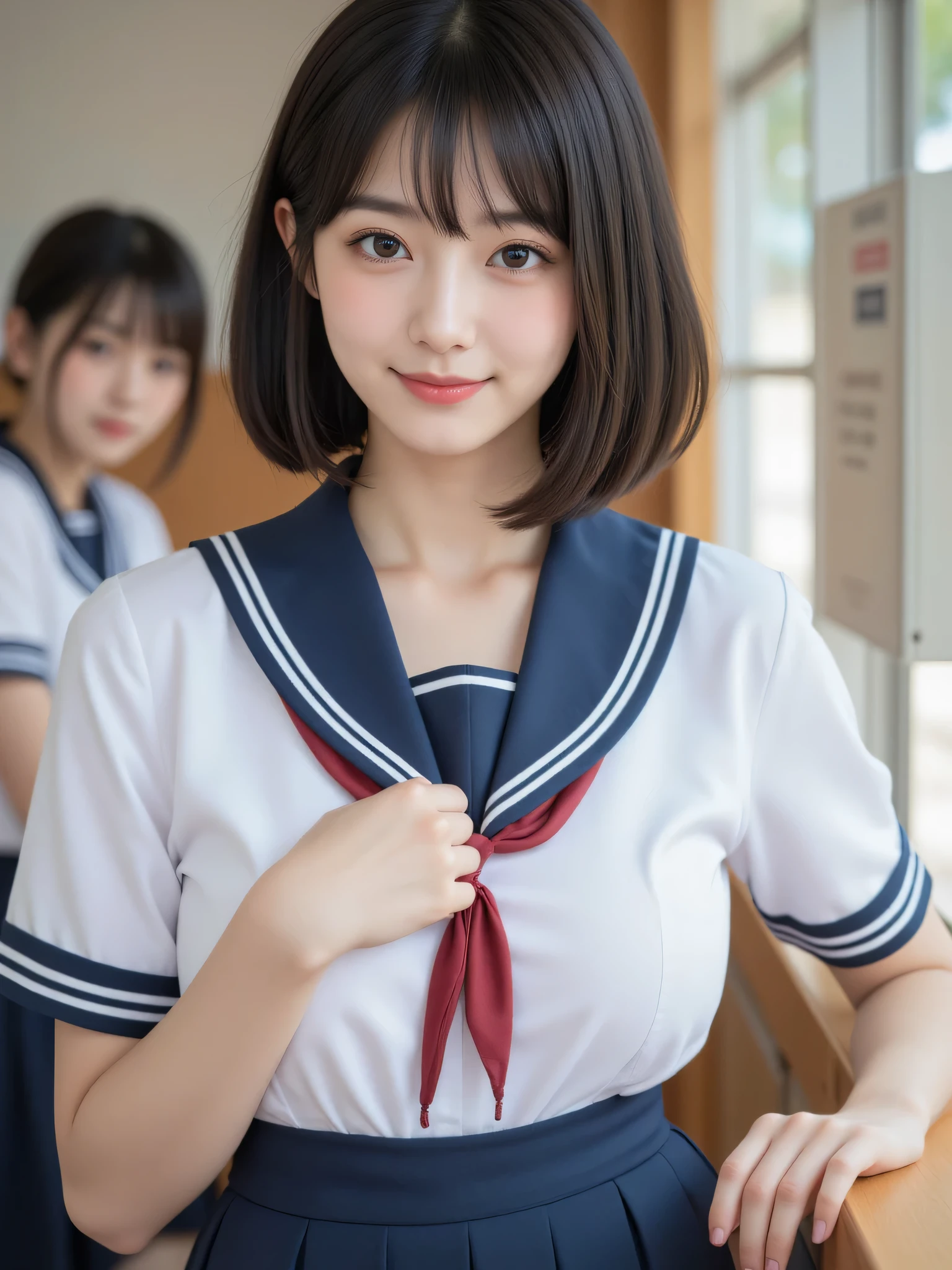 (Very cute 16 year old young woman from Japan), ((Brown delicate hair)), ((Short-cut hair in a ponytail)), (((Clean hands))),(Curly hair),(((Very sweet smile))),(((The upper body is wearing a high
sailor suit))),(((Lower body miniskirt))), (((high school student))) ((of the highest quality, 16 K, masutepiece: 1.3)), Light on Face, hyperdetailed face, very detailed lips, Detailed eyes,class room,school, office,(fullnude:1.0),(show your pussy:1.5),(full-face blush:1.3),(small breasts:1.2),(skinny:1.2),