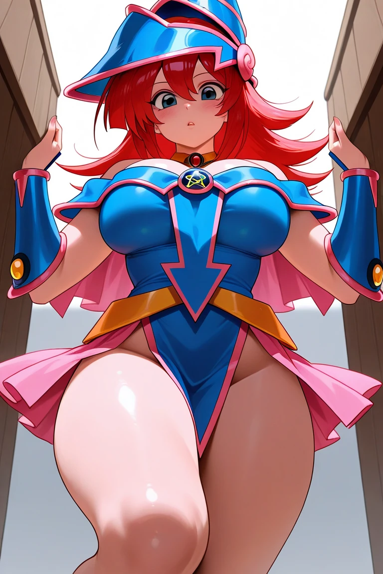 1girl, solo, gigantic breasts, thick thighs, bodysuit, smirk, thight fit, spreading legs, exposed pussy, ripped clothes, Yoko Littner