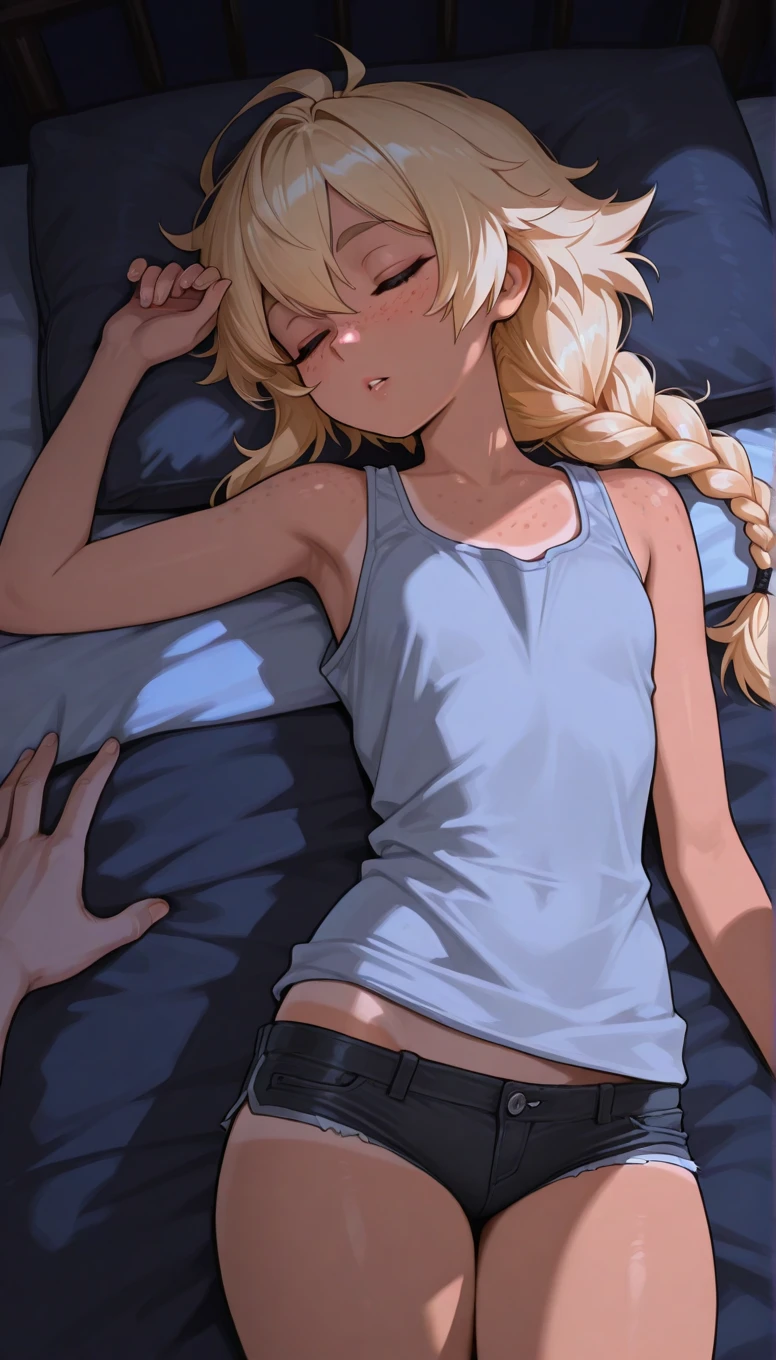{{{10 years old girl}}}, blond, dark skin, pony tail, small breast, erectile nippres, sleeping, lying, closed eye, portrait, realistic, camisole, camisole lift, ((bare breasts)), sexual fluids, sidelighting, wallpaper, nsfw, {{{vulgarity}}}, spread vagina,((trembling)), (((cum in mouth, cum in pussy, cum on body, cum on breasts, cum on hair, cum on waist, excessive cum, pussy cum))), prison, ((best quality))