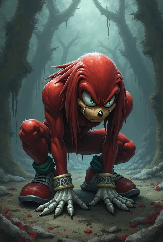 (masterpiece, 4K, ultra detailed), knuckles the echidna, single, masculine, smooth lining, simple colors, outside, forest, athletic, cartoony, cartoon, purple eyes, naked, penis, dark skin