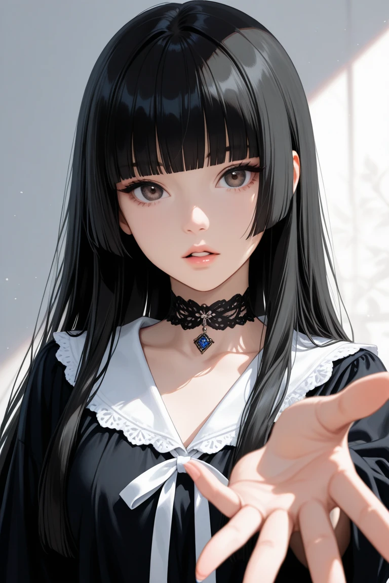 ((beautiful face))、very delicate facial、creamy、masterpiece、1 girl、１４talent、small breasts、small breasts、small breasts、highest quality、ultra high resolution、(photorealistic:1.4)、whole body、、shine softly、great scene lighting、(inside the classroom)、((black off) -shoulder dress))、look at the audience、necklace