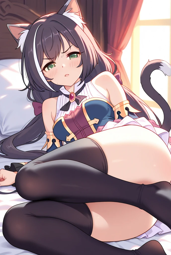 1girl, karyl, animal ear fluff, animal ears, black hair, black ribbon, cat ears, cat girl, cat tail, fang, green eyes, hair bow, long hair, low twintails, multicolored hair, purple bow, ribbon, skin fang, streaked hair, tail, twintails, vertical stripes, white hair, anal sex, anal juice, [[shit]], penis, torogao
