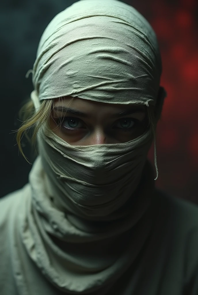 A person with a colorful blindfold falling to one side