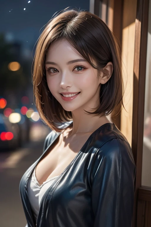 (highest quality, 8k, 32K, masterpiece), (Realistic), (Realistic:1.2), (High resolution), (night:1.7), Japan, cyber punk, 街の景Farbe, In front of the window,Wooden floor, Blue jacket, Grey Shirt, clavicle, jewelry, gem, Brunette Bob, 1 female, 4, (Grin), Beautiful body, beautifulNose, beautifulcharacter design, Perfect Eyes, perfectface, Expressive eyes, View your audience, Center the image, (Cowboy Shot), Official Art, Very detailed CG Unity 8k wallpaper, Perfect lighting,Farbeful, bright_front_face_Lighting,Glowing Skin, (masterpiece:1.0),(Highest_quality:1.0), 超High resolution,4K,Very detailed, photograph, 8k, High resolution, High resolution, absurdes:1.2, Kodak Port 400, Film Grain, Blurred Background, bokeh:1.2, Lens flare, (Vibrant_Farbe:1.2) (beautiful,chest), (beautiful_face:1.5),(narrow_Waist)