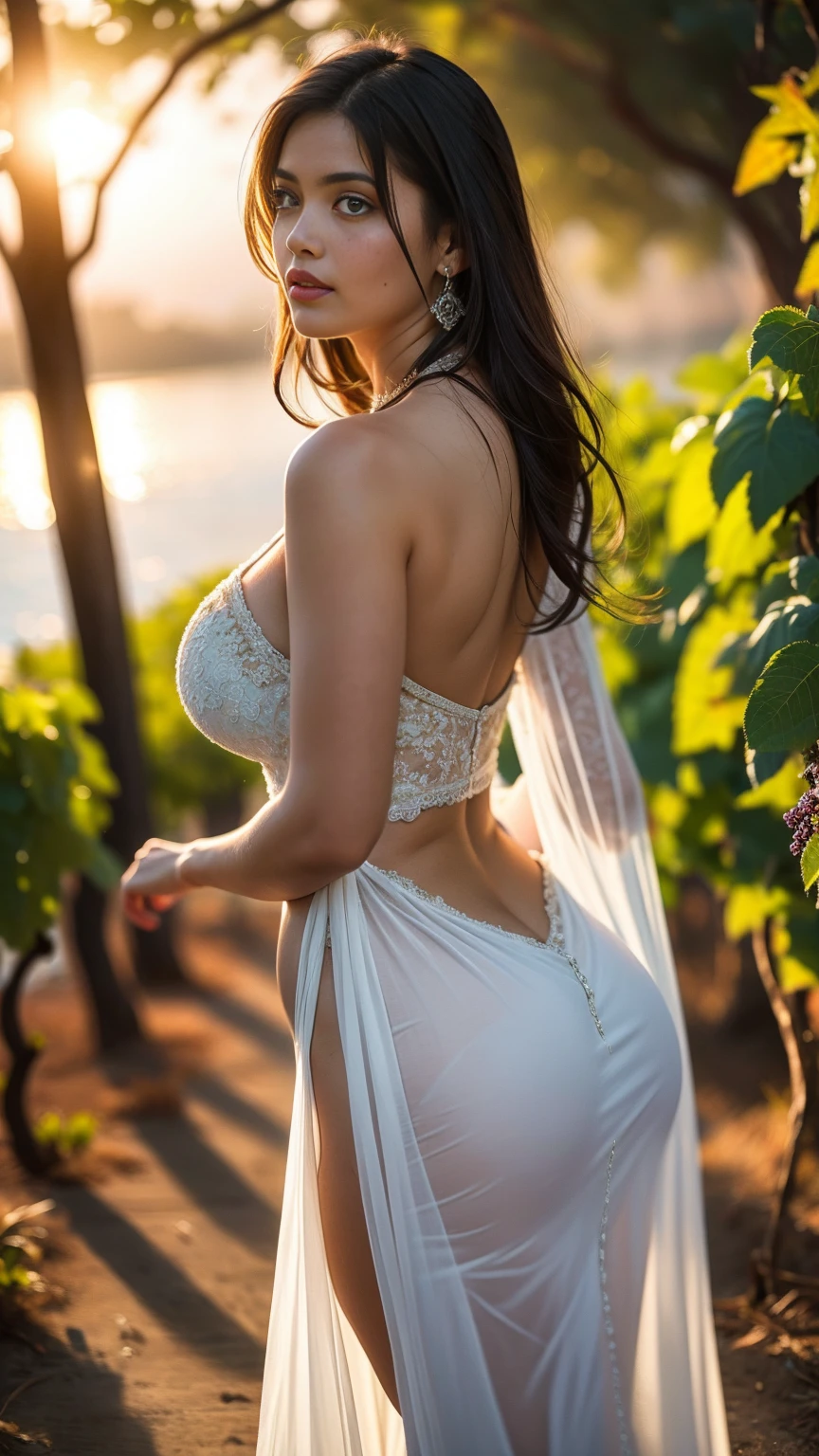 Summer in the Mountains, a beautiful voluptuous woman with a curvy body shape, posing for a picture, looking aroused, she is wearing a tight dotted summer dress, flower in her hair, depth of field, bokeh, close up shot of her from the side,