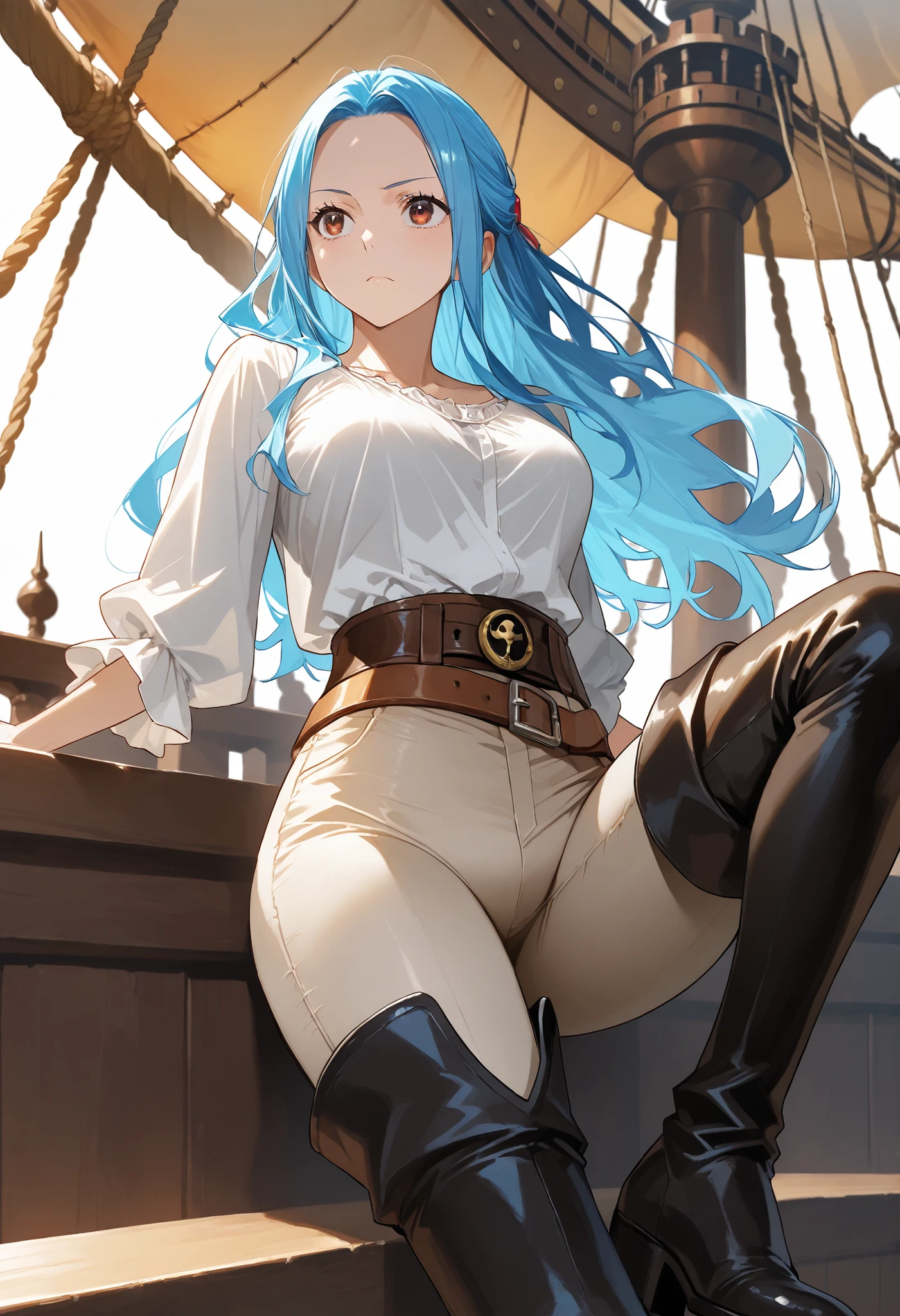 score9_up, score8_up, score7_up, solo, alone masterpiece, best quality, nefertari-vivi, blue hair, long hair, black boots, black thigh boots,beige pants, beige tight pants, shirt, belt, on a pirate ship, very beautiful