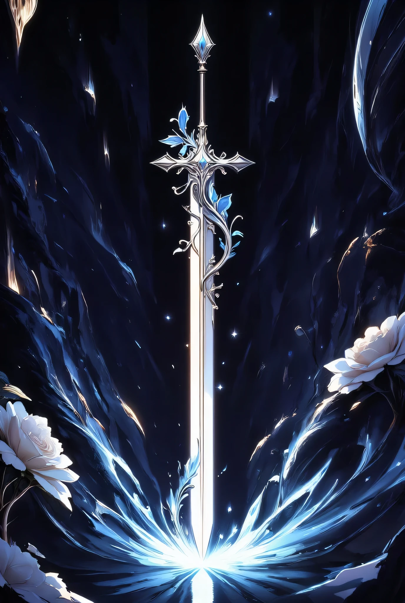 arafed high details, best quality, 16k, (ultra detailed: 1.5), masterpiece, best quality, (extremely detailed), RAW, dnd art, fantasy art, an epic apple with a rose vine entwined on the blade, a magnificent silver shinning sword, with a diamond in the hilt, there is a red rose vine entwined along the blade, dynamic fantasy background, invert color