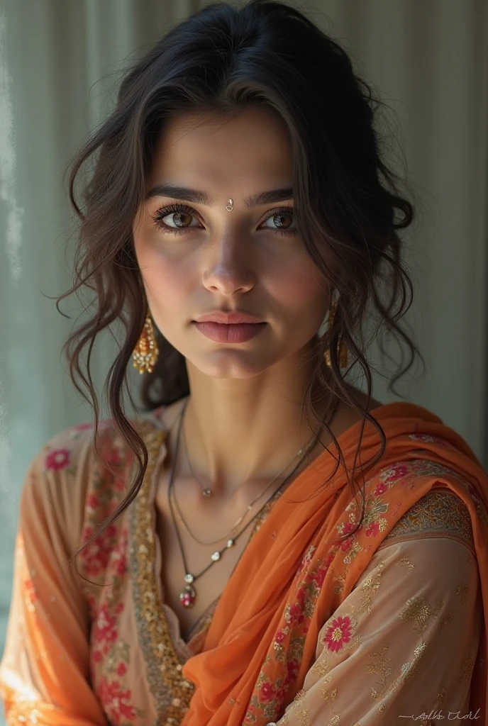 A woman wearing a red blouse and a light blue saree with a green bangle was staring at me