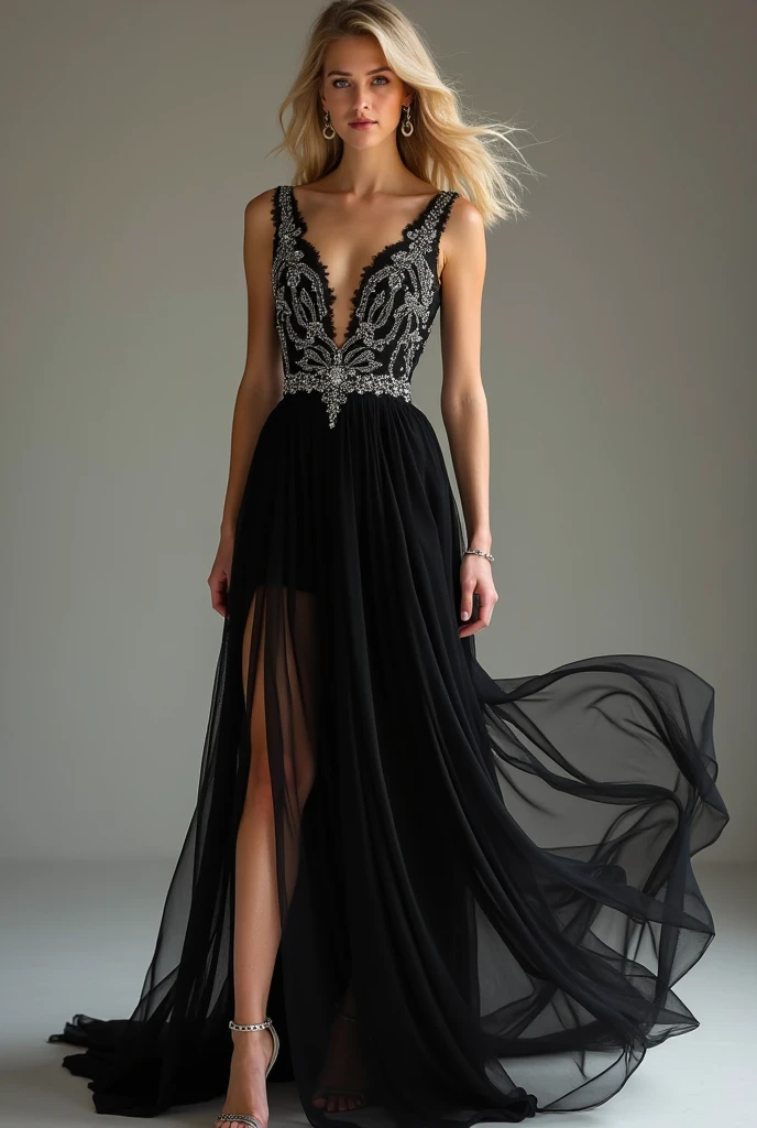 ((best quality,4k,highres,masterpiece:1.2)), 1 female, French origin, age 31, brunette hair. Her presence is incredibly sexy and seductive, adding an extra layer of intrigue and danger to her overall persona. She is wearing a stunning Versace Crystal-Embellished Silk Gown, adorned with crystals, featuring a fitted silhouette, a deep V-neckline, and a high leg slit. The luxurious silk gown embodies Versace's signature dramatic style, perfect for an evening event. She is also wearing a pair of Christian Louboutin high heels, adding to her allure. ((intricate detail)), super finely detailed hands, ultra finely detailed fingers(((ten fingers))), (standing seductively), (full body showcase), (show full body), (no logos on background), (no logo), ((plain background)), ((plain background)), (((empty background))).