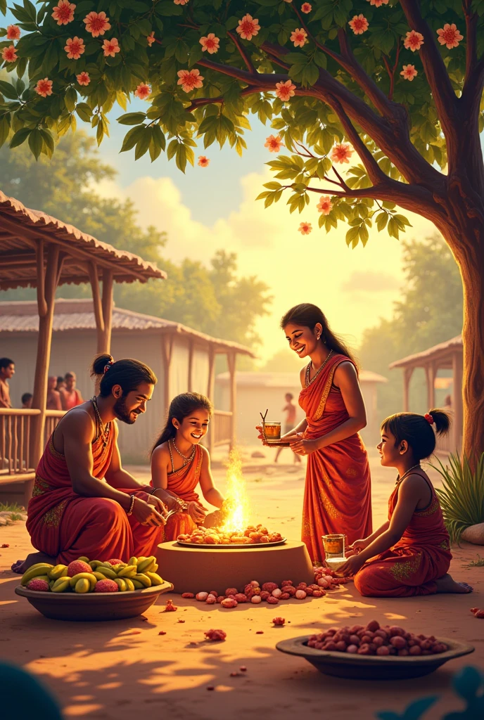 3. Scene of Banabas: Description: Pandu is sitting in front of a hut with his wife Kunti and Madri and their five children - Judhisthira, Bhima, Arjun, Nakul, Sahadev. A scene of a quiet and simple life in this film is revealed. The impression of satisfaction in the face of Pandu and his wives, and the children are in the game. Dense green forests are seen in the background, and the hut is made of wood, on which the leaf canopy is given. Ai image Indian