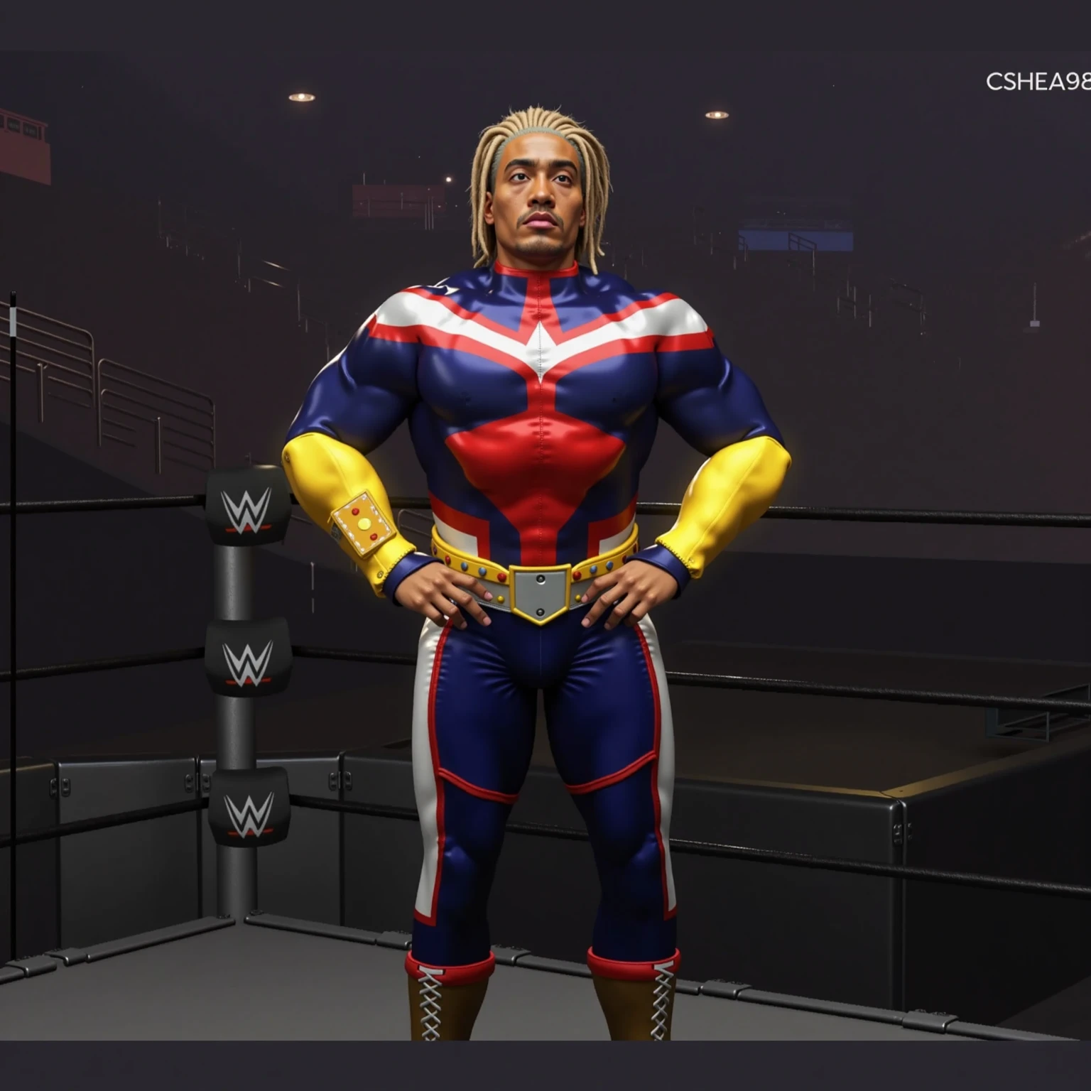 1homem ((Eddy Gordo, Personagem do jogo Tekken)), in a battlefield setting in the middle of a destroyed city, (Autorretrato metade do corpo:1.2), 24 mm, (((foco nítido:1.5))), (((profundidade de nitidez:1.5))), (fotorrealista:1.5), (textura da pele:1), cinemactic, hiperdetalhado,