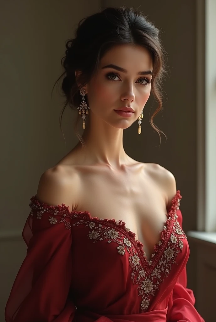 , masterpiece, ultra realist, really intricate details __red__ dress , really intricate background