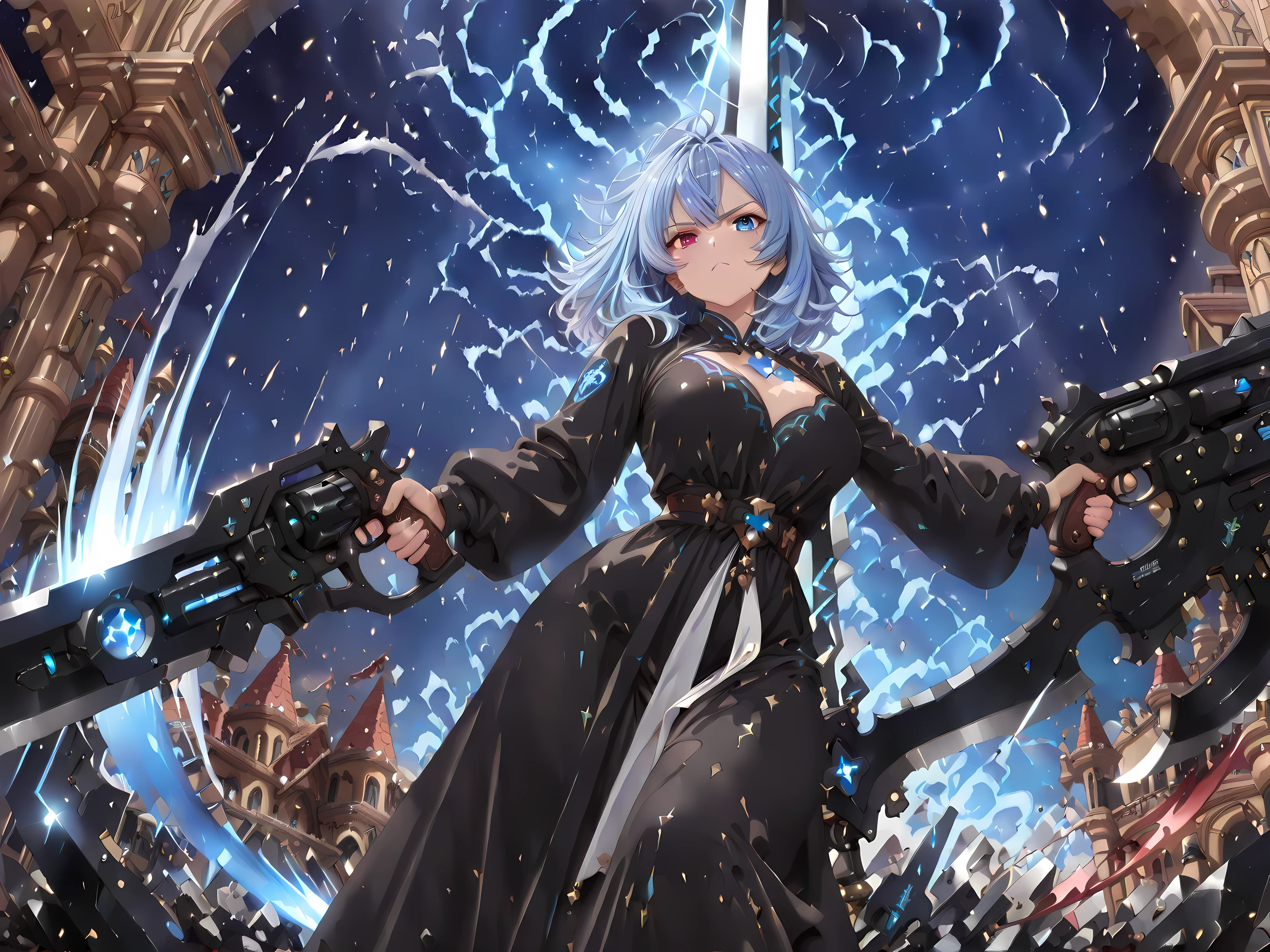 (masterpiece),(best quality),(ultra detailed), anatomically correct, beautiful,atmospheric lighting,extremely detailed CG, unity, 8k,super fine illustration,(high resolution), Full-HD,1 girl,gunblade user, mystic knight,determined, serious expression, sword fighting, looking at viewer, medium hair, messy hair, outside spring,BREAK,(heterochromia, deep blue eyes,deep crimson eyes),BREAK,floating patterns, ominous, deep crimson, body,BREAK, blue hair,BREAK, fair skin, detailed skin,slender, beautiful breasts,boyish,BREAK, black long dress, long sleeves,black long boots, BREAK,Blue heart-shaped emblem on left chest,(huge weapon energy black gun blade,black long gun blade,Built-in revolver mechanism:1.4),BREAK,in the space, surrounded by stars and a meteor shower, with a galaxy,BREAK, at night, with a thunderstorm,BREAK, upper body,front view, low angle view,ground-level shot, cold lighting, moonlight,(A violent burst of blue lightning-like energy is released),BREAK,motion line,(slashing gun blade,finger on trigger:1.4),(ice sword, made of magic, multiple deployed, fantasy, mystical, crystal-like)