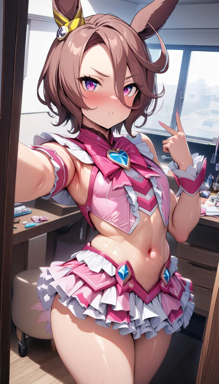 ,,(petite), 1girl, looking at viewer, , hazuki katou,,,, ,my room,,blush,(spoken heart),,small breasts,(evil smile,grin),(((magical girl costume))),miniskirt,thighhighs,,long sleeves,,nsfw
