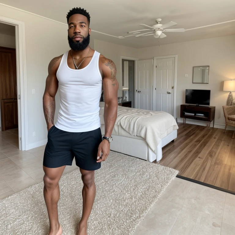 Generate 16:9 images of Adamu standing beside his bed, wearing white short with visibly pronounced oversized manhood on a vertical erection. Adamu is a tall, handsome, and light-skinned Hausa man with a neatly trimmed beard. 
