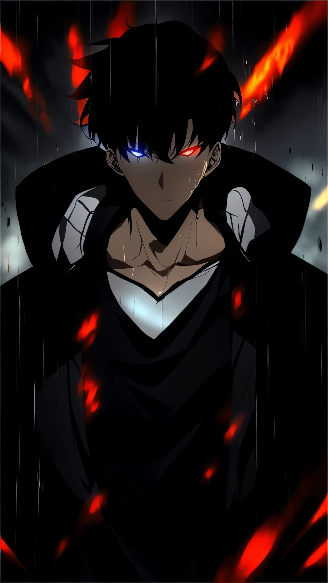 "Ultra-detailed, 8K masterpiece portrait of a solo male character inspired by Kaneki Ken from Tokyo Ghoul, in the art style of Solo Leveling. White short hair, red glowing eyes, pale skin, cinematic lighting, strong depth of field. Wearing a black hood up, drenched in rain, standing alone in a dark Tokyo cityscape. Bangs covering part of face, intense gaze looking at viewer, moody and dramatic expression. Dark nail polish, luxurious fabric textures on clothes, ray tracing reflections, ultra-sharp details, high contrast shadows, ethereal atmosphere. Solo focus, male protagonist aesthetic, anime style with a modern, powerful twist
