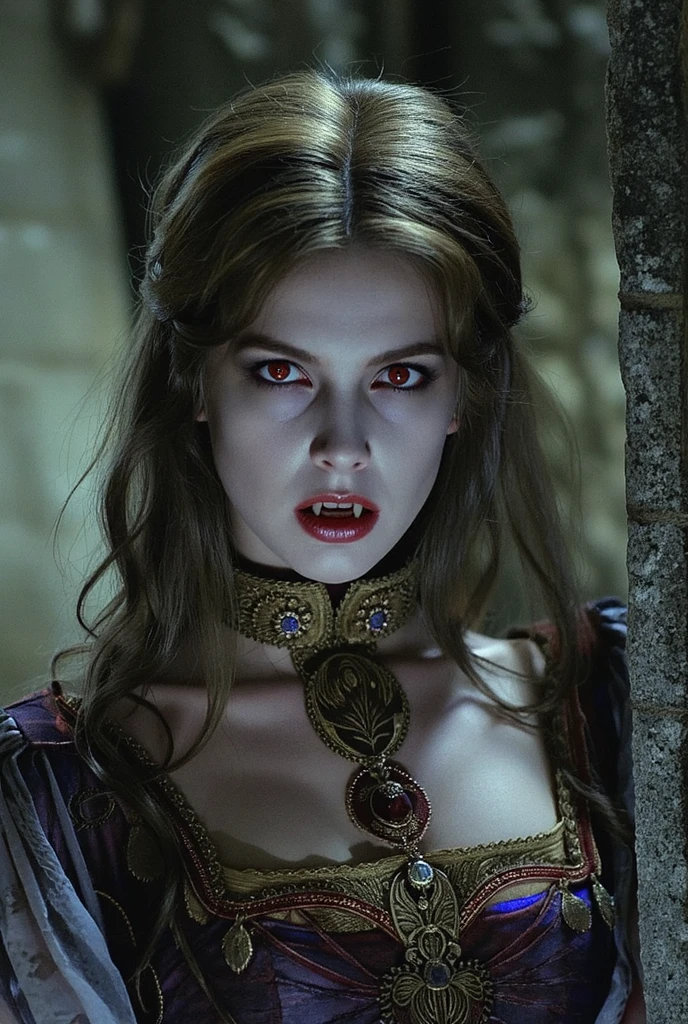 (A male vampire), (drinking blood from the neck of an attractive blonde woman), dramatic lighting, pale skin, (fangs bared), intense gaze, cinematic composition, dark moody atmosphere, deep red and blue color tones, photorealistic, highly detailed, intricate textures, dramatic shadows, cinematic lighting, the woman is in a light, elegant dress, the focus is on the interaction between the vampire and the woman. woman in skimpy modern clothes, (human woman), (vampire man), large vampire fangs, vampire have large canines, vampire canines