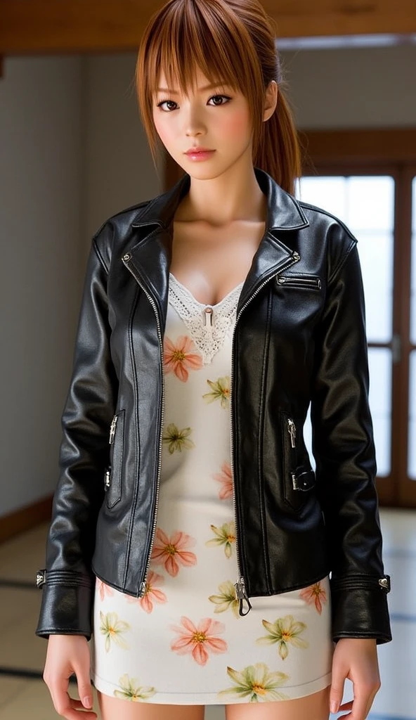 Kasumi model (Dead or Alive 6), Obra-prima, high resolution, Ultra HD, Modelo HD, Tall details, wearing short black leather jacket with short flowery white dress with neckline and lace on the edges, wearing black ankle boots with brown soles and white laces and short white socks. she is in a dojo.