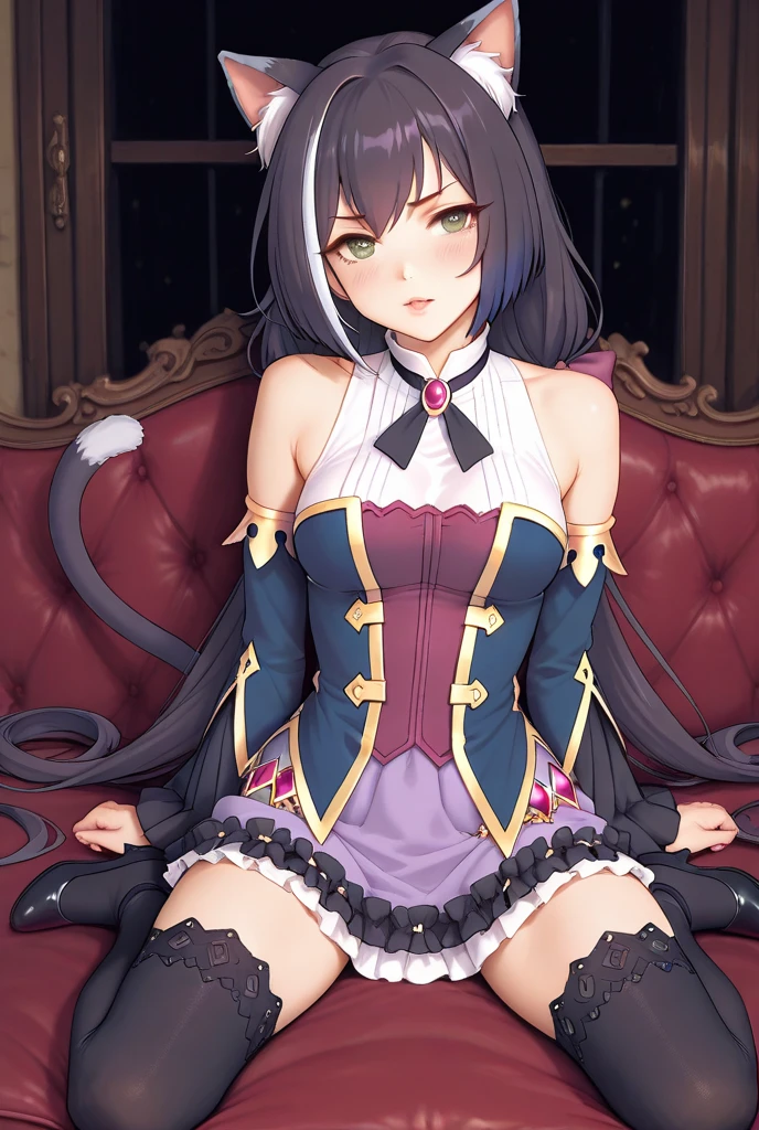 Young and beautiful woman,(Highest quality,Extremely detailed depiction,Incredible high resolution,Anatomically accurate depiction,Curvy Legs,Nice hands,Five perfect fingers),(Glowing Skin,Oilskin),(Nuns,複雑な光沢のあるNunsの服,White gloves:1.2),eyelash,(Intense glowing purple eyes,Crazy Eyes,Large Breasts,Captivating smile,Glossy Red Lips,A pose where both hands are extended towards the screen:1.5,palm),whole body,Sitting,Focus on the hands:1.5,High-quality anime art,