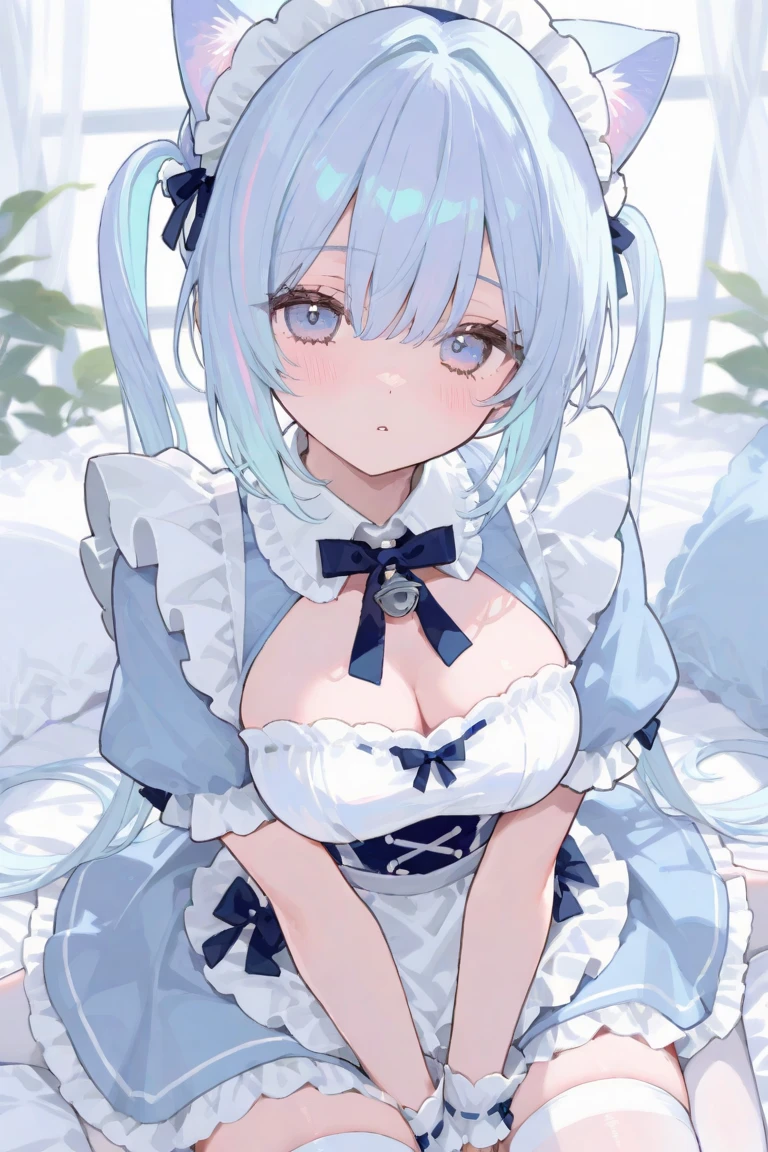 (long beautiful blonde hair) cyan eyes, (Eyes behind long bangs) big breasts, Sitting pose using accessories (using socks) perfect shiny beautiful cyan shoes (Wearing luxurious palace maid clothes Perfect perfect noble) Pose facing sideways (Girl1, straight hair not too long, bangs covering one eye, soft face, gentle smile) long BLONDE hair, beautiful cyan eyes (Sitting pose, right hand down, left hand down, leaning pose, smile kawai, (blank white background) Wearing a blue corset, (Using a beautiful bright blue ribbon) Kawai shy cute eyes (cyan colored shoes must be shiny, Must wear short white socks) Short custom maid sleeves reaching mid-shoulder, Use lots of accessories