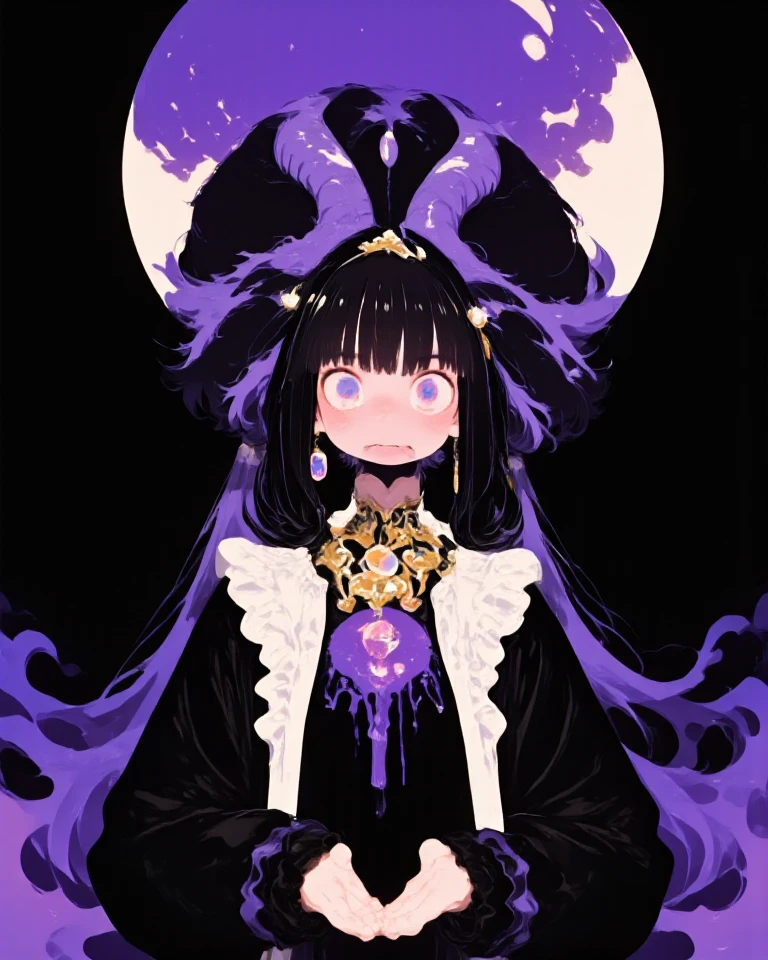 pregnant beautiful and mysterious goth girl with long black hair, grey eyes, black shirt, black long skirt, purple right cursed arm, white skin
