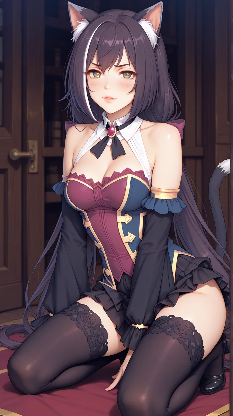 high qualiy, work of art, ultra detaild, view from the bottom,1 girl, Extremely detailed facial details, White latex pajamas,Wrapped in netaid crown,kneeling down on bed,manacles,collared,calm expression,weep,be gagged,manacles,collared,black hair long, Attractive pink eyes, fox ears, Ridiculously big, shining skin, wood floor,medieval city
