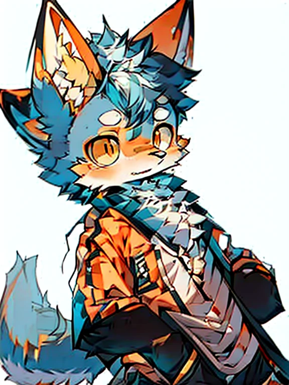 boy, cat, furry, bodyfur, blazer, bottomless, blue tights, gloves, boots, chibi, happy, sparkling eyes, from behind, standing, against wall, facing away, outstretched hand, looking back