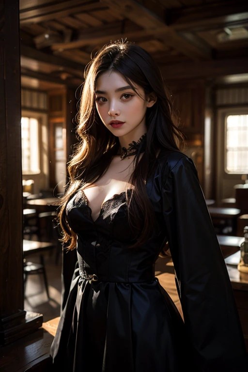 arafed woman in a black dress with short messy wavy red hair and a necklace, promotional still, anya taylor - joy vampire queen, artstyle tom bagshaw, beautiful female vampire, carmilla vampire, portrait of a young witch, vampire fashion, samara weaving vampire, tom bagshaw weta studio, with red hair, photo still, witchy clothing, beautiful female witch in fog filled graveyard