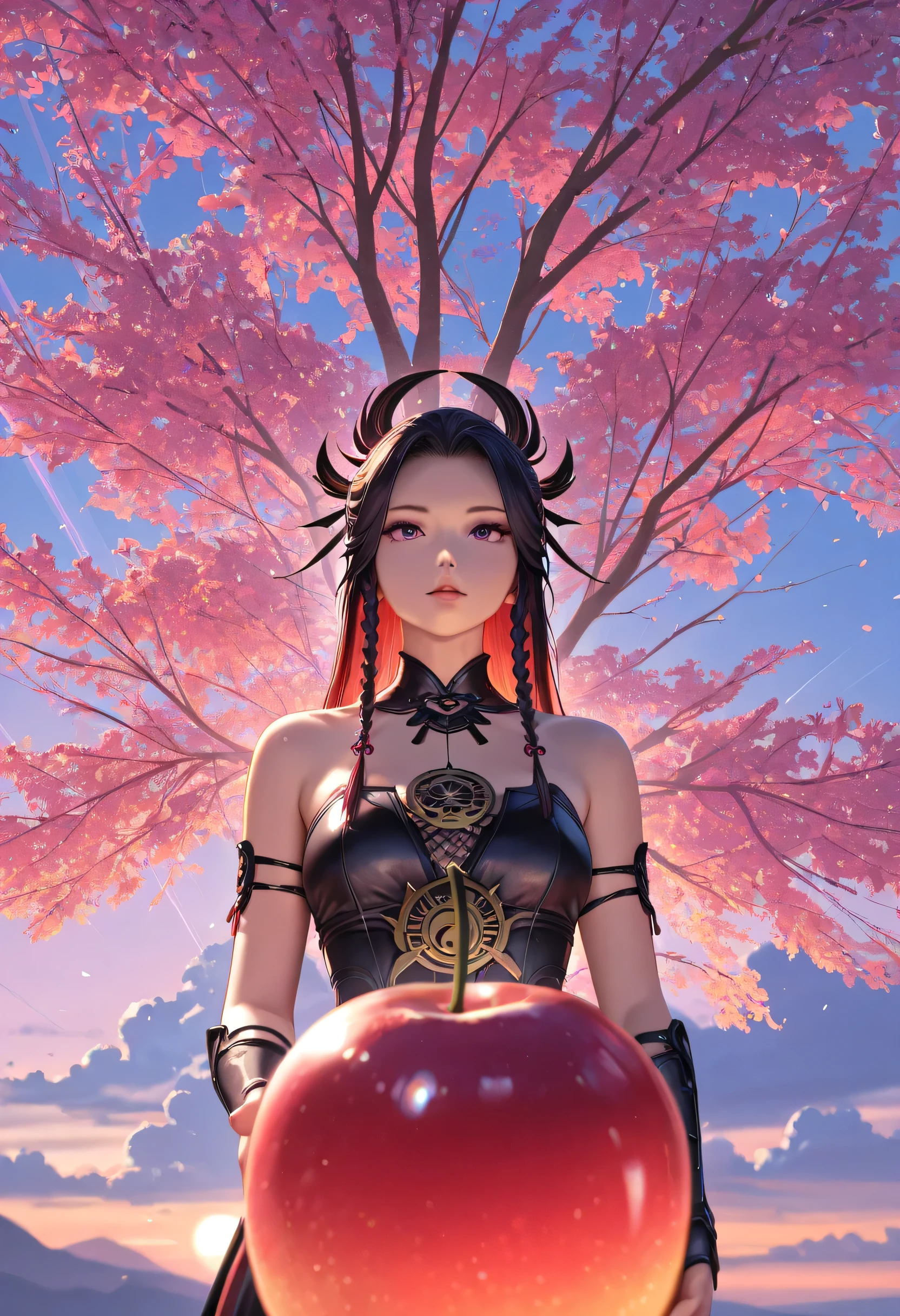 a woman samurai under the cherry tree at sunset, beautiful woman samurai, she holds an epic sized cherry fruit, the cherry reflects light, ultra feminine, long hair, braided hair, dynamic hair color, an epic cherry tree, many branches, colorful, the sun rays come between the leaves and branches, light reflection, it is sunset, some clouds, award winning, photorealism, depth of field, hyper realistic, Cinematic Shot, fantasy, LOAsuccXL, strapless, anime
