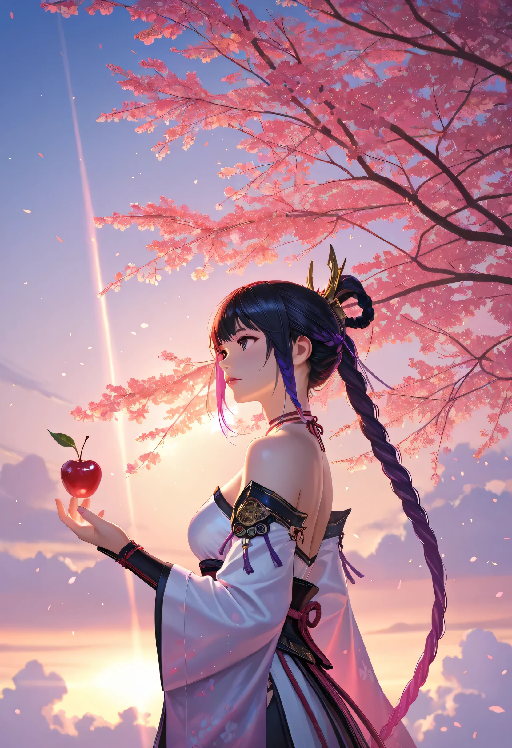 a woman samurai under the cherry tree at sunset, beautiful woman samurai, she holds an epic sized cherry fruit, the cherry reflects light, ultra feminine, long hair, braided hair, dynamic hair color, an epic cherry tree, many branches, colorful, the sun rays come between the leaves and branches, light reflection, it is sunset, some clouds, award winning, photorealism, depth of field, hyper realistic, Cinematic Shot, fantasy, LOAsuccXL, strapless, anime