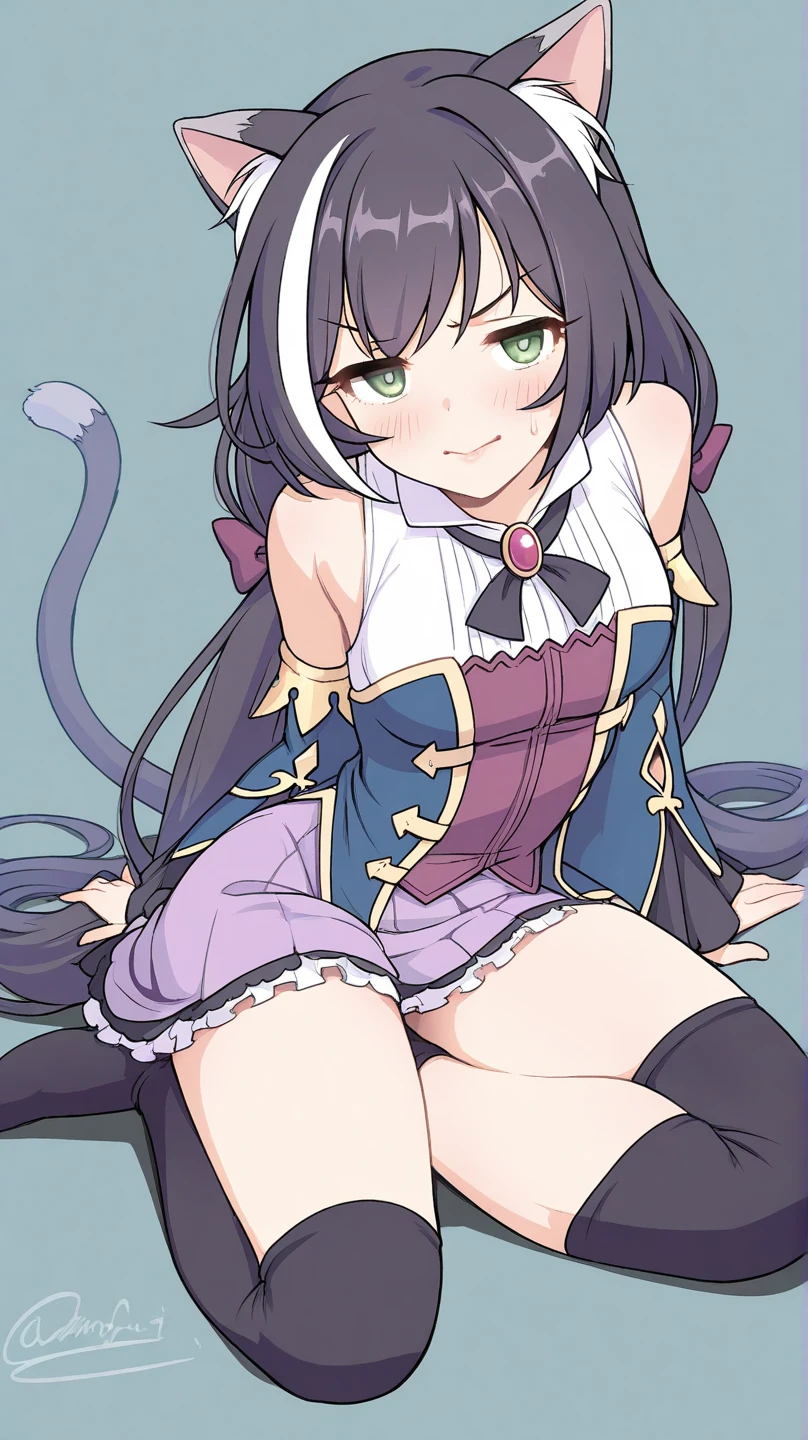 1girl, karyl, animal ear fluff, animal ears, black hair, black ribbon, cat ears, cat girl, cat tail, fang, green eyes, hair bow, long hair, low twintails, multicolored hair, purple bow, ribbon, skin fang, streaked hair, tail, twintails, vertical stripes, white hair, after anal sex, anal juice, [shit], squatting, cumdrip, cum, cum on shit