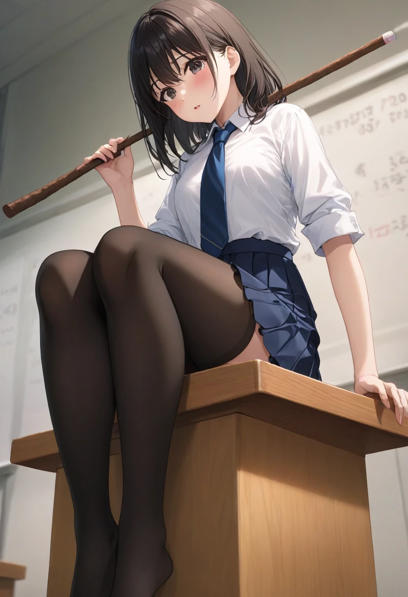 black short hair, red bayonetta glasses, office siren, legs cross, sitting on table, holding a ruler, short skirt with some panties visible
