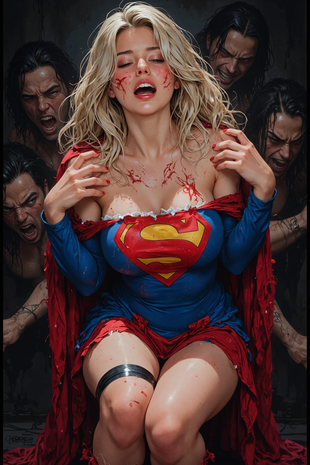 highest quality, masterpiece, ((crucifixion:1.5)), (execution), supergirl bodysuit, horrified, bleeding, ((Woman in crucifixion at the cross:1.5)), crucifixion, blue suit, Superman logo on chest, red skirt,((Torn costume)), ((Tearing of clothes)), (tattered clot(many bruises on body)), scars on body, wounds on body, injured face and body, a devastated world, ruins, abandoned building, (burning at the stake), ((roasted over fire:1.2))