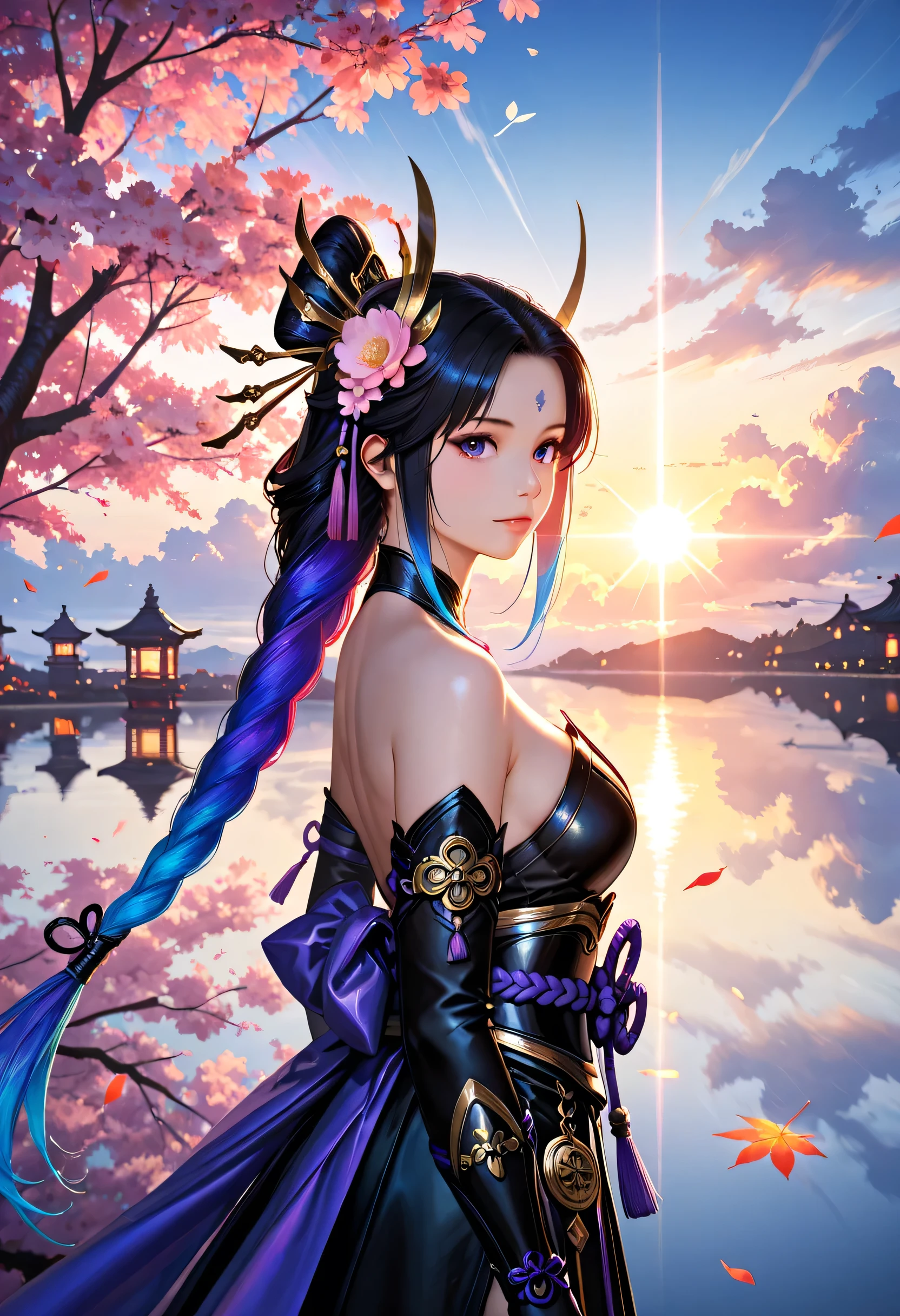 a woman samurai under the cherry tree at sunset, beautiful woman samurai, she holds an epic cherry, the cherry reflects light, ultra feminine, long hair, braided hair, dynamic hair color, an epic cherry tree, many branches, colorful, the sun rays come between the leaves and branches, light reflection, it is sunset, some clouds, award winning, photorealism, depth of field, hyper realistic, Cinematic Shot, fantasy, LOAsuccXL, strapless, anime