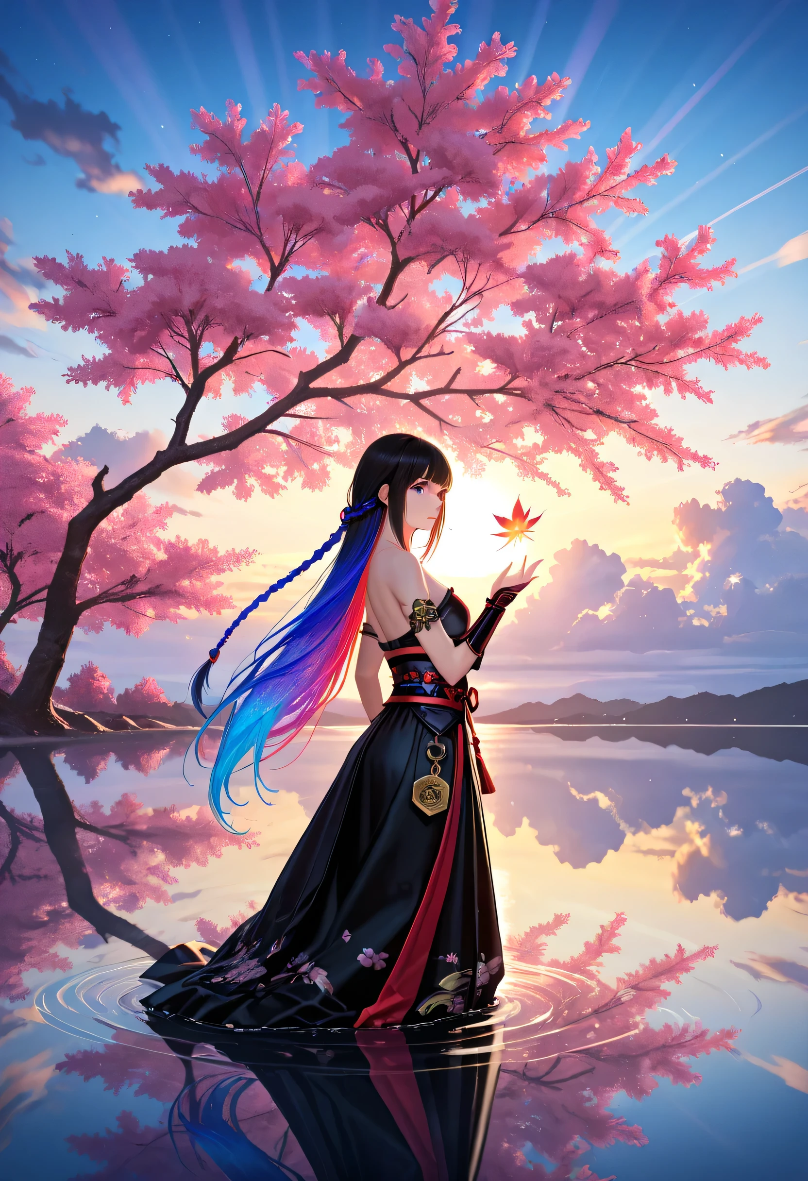 a woman samurai under the cherry tree at sunset, beautiful woman samurai, she holds an epic cherry, the cherry reflects light, ultra feminine, long hair, braided hair, dynamic hair color, an epic cherry tree, many branches, colorful, the sun rays come between the leaves and branches, light reflection, it is sunset, some clouds, award winning, photorealism, depth of field, hyper realistic, Cinematic Shot, fantasy, LOAsuccXL, strapless, anime