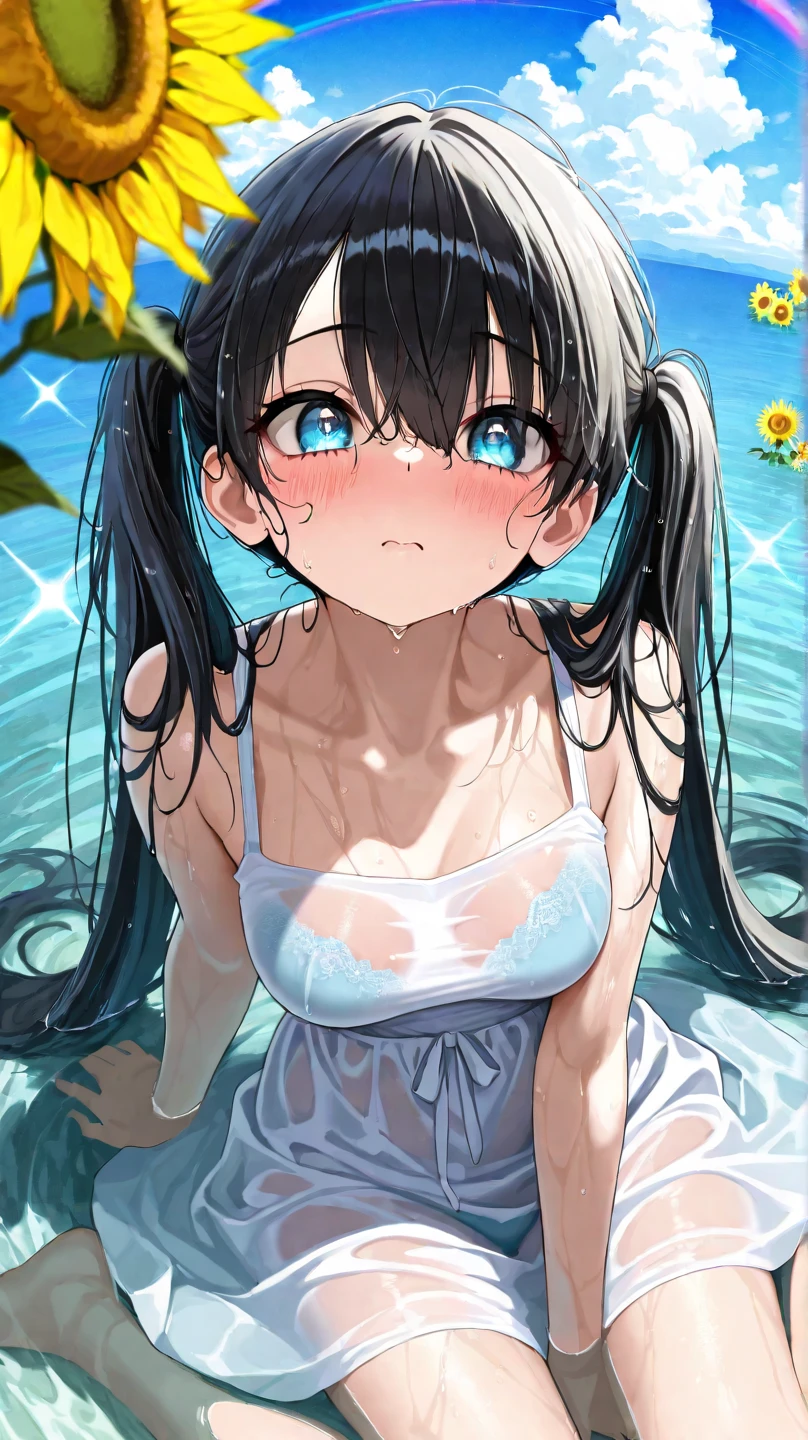 (8k, Highest quality, masterpiece:1.2),Subjective video of the person、Beautiful girls,Young face,Innocent expression,Flat Chest,Redden the hole,Mouth shape before kissing,A girl hugged by herself,Lying down in the water, my wet skin is visible,Open button shirt,Interact,String Bra,Slim body,String panties,Beautiful thighs,Gentle caress,Heavy breathing,White liquid gets on the face,Starry Sky,night,White liquid dripping from thighs