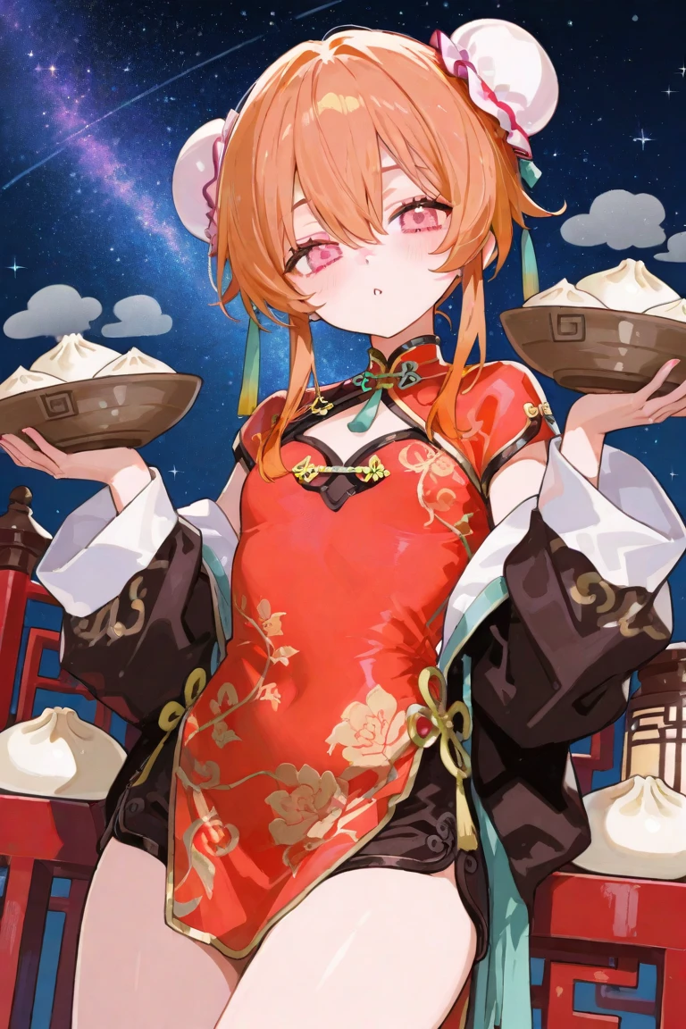 masterpiece, best quality,acgirl, 1girl, double bun, food, hair bun, red background, bun cover, hair ornament, solo, baozi, chinese clothes,(kbxll:0.6)
