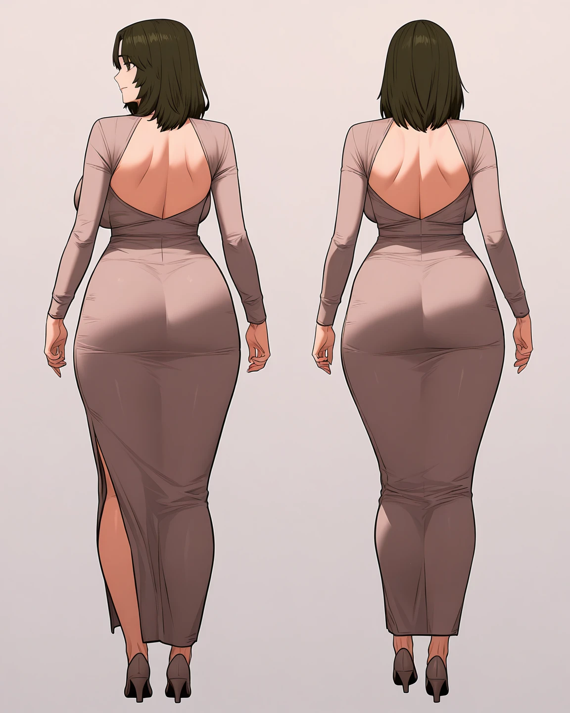 NSFW maddie fenton, a sexy milf, mature body, pixiv artwork, masterpiece, full body shot, wearing a skintight long grey dress accentuating her curves, seducing you, orange hair in a bob, seductive, no panties, curvy toned physique with big breasts and ass and tiny waist, body made for sex, no bra, ready to fuck