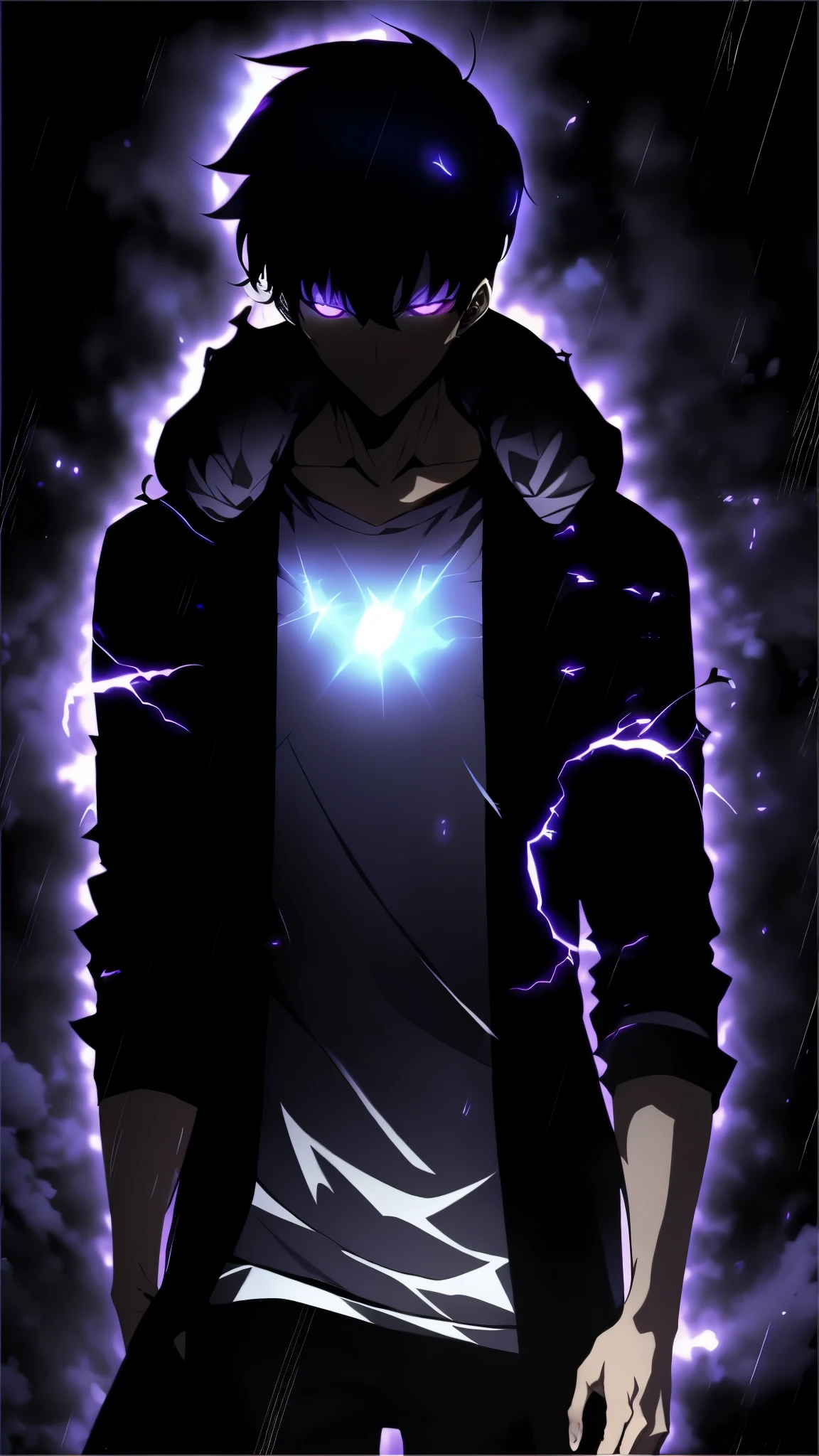 "Ultra-detailed, 8K masterpiece portrait of a solo male character inspired by Kaneki Ken from Tokyo Ghoul, in the art style of Solo Leveling. White short hair, red glowing eyes, pale skin, cinematic lighting, strong depth of field. Wearing a black hood up, drenched in rain, standing alone in a dark Tokyo cityscape. Bangs covering part of face, intense gaze looking at viewer, moody and dramatic expression. Dark nail polish, luxurious fabric textures on clothes, ray tracing reflections, ultra-sharp details, high contrast shadows, ethereal atmosphere. Solo focus, male protagonist aesthetic, anime style with a modern, powerful twist."