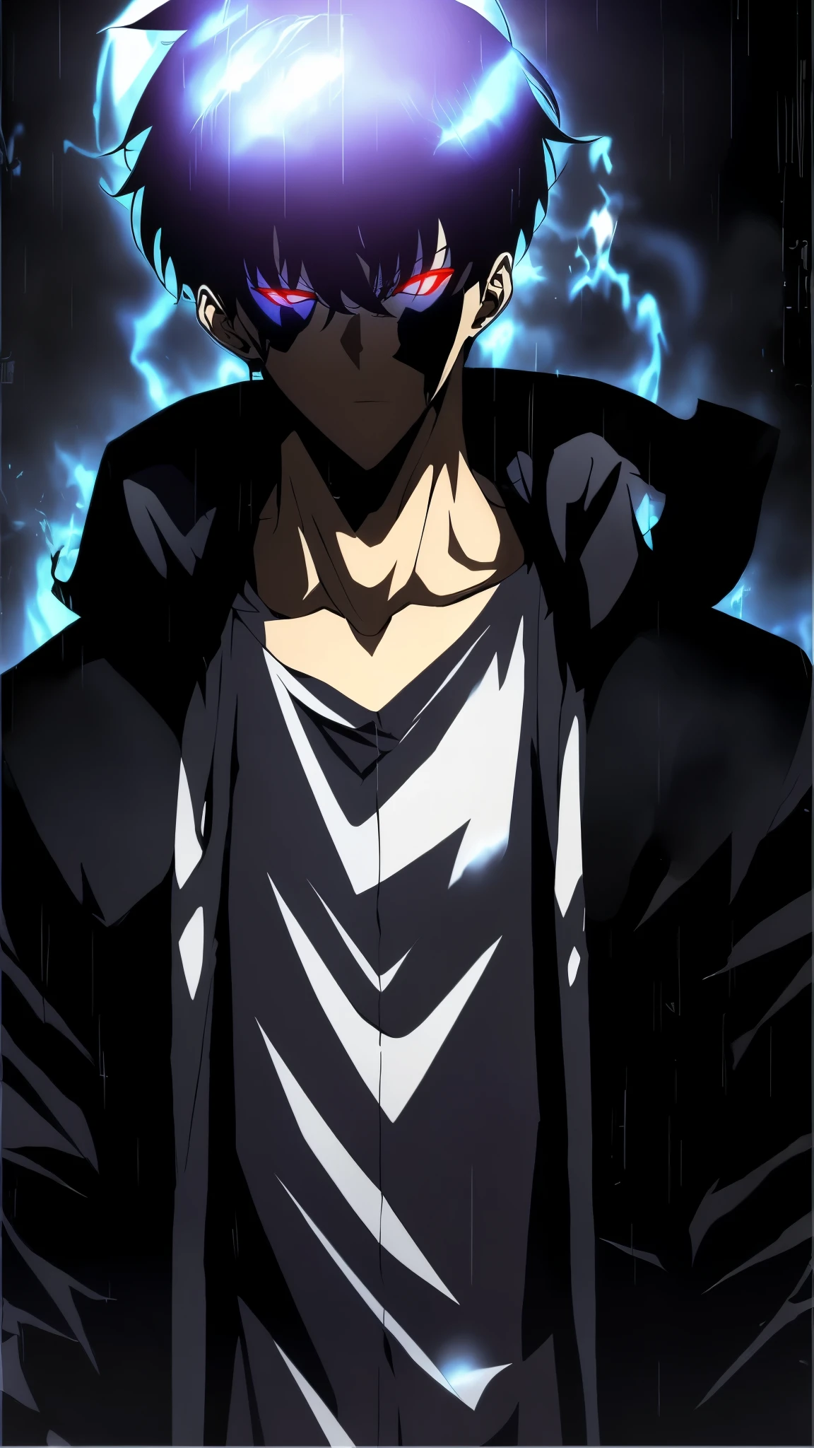"Ultra-detailed, 8K masterpiece portrait of a solo male character inspired by Kaneki Ken from Tokyo Ghoul, in the art style of Solo Leveling. White short hair, red glowing eyes, pale skin, cinematic lighting, strong depth of field. Wearing a black hood up, drenched in rain, standing alone in a dark Tokyo cityscape. Bangs covering part of face, intense gaze looking at viewer, moody and dramatic expression. Dark nail polish, luxurious fabric textures on clothes, ray tracing reflections, ultra-sharp details, high contrast shadows, ethereal atmosphere. Solo focus, male protagonist aesthetic, anime style with a modern, powerful twist."