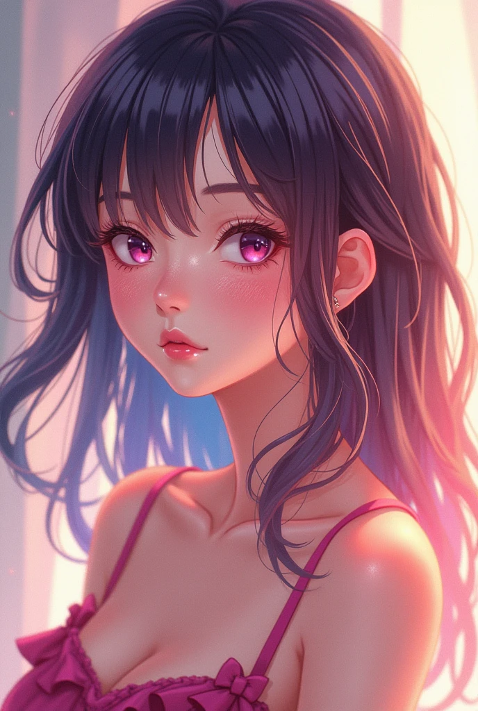 A light blush and a smile, (Masterpiece of the highest quality:1.2) Delicate illustrations, super detailed, /Beautiful Japanese Women、1 person,Very cute and slim、Outstanding style 、((8K images、super high quality))、Very delicate face, Skin and Hair、Red lipstick、short hair、straggling hair,(((((Gradient Hair、brown hair))))),Very cute Japanese cut face、Eyes and nose are clearly visible、Kind eyes,(((sexy lingerie、Watching the audience)))、full body shot