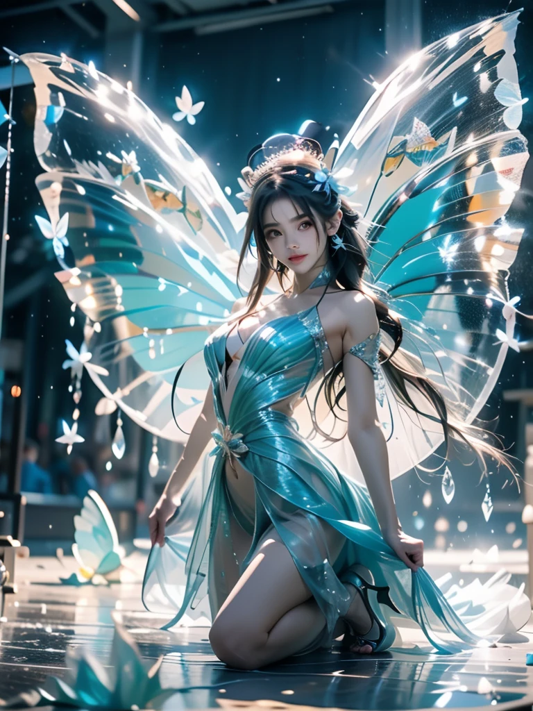 Beautiful dance dynamics, Long legs , Water play,In the pool,play, ((Flowing long hair))Official Art , Unity8k Wallpaper , Extremely detailed , Visible cleavage, Pretty and beautiful , Sexy long legs, masterpiece , best quality ,Practical, Very detailed illustrations ,Extremely detailed , Intricate details , Extremely complex and detailed , Very detailed 8KCG wallpaper , Caustics .reflection , Ray Tracing , Devil Theme ,nebula ,Dark aura, Network Effects , (1 Girl)Solitary , 小蓝Butterfly , Dozens of monarch butterflies around , (Blue plasma flame , (insect , Butterfly)) 圣光Butterfly天使 , Butterfly翅膀 , Pastel tones in Rococo style ,Light white and light dark red , Incredibly beautiful , Cherry blossoms , Surrealism ,painting , Ethereal , Mixing reality and fantasy elements ,Ray Tracing , Complex patterns , Delicate lines , Perfect your hands, Starry Sky , rich and colorful , Star
