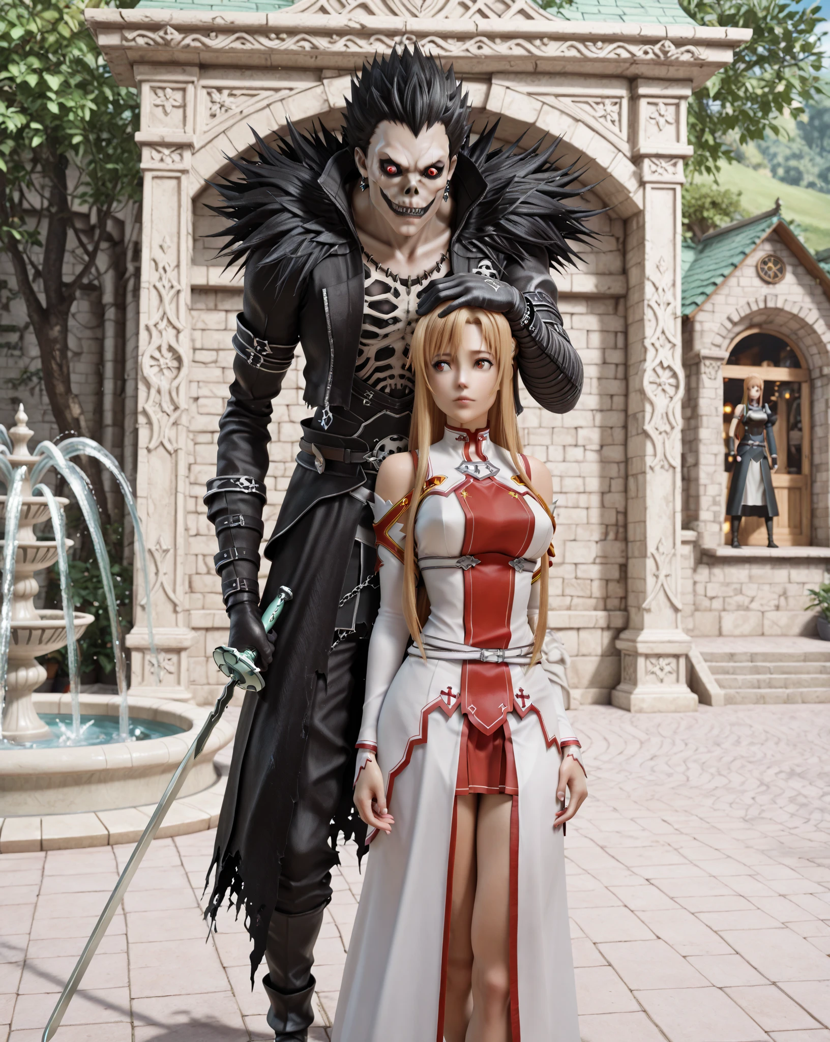 Masterpiece, best quality, amazing quality, absurdres, very aesthetic, (a split panel image:1.42), (top panel\(Ryuk from Death Note, sh1n1gam1, standing with hand on head, exterior, fantasy village, fountain, sword art online styled)\), (bottom panel\(Asuna from Sword Art Online, aaasuna, standing with hand on head, in the world of the dead, land of shinigami from Death Note)\)