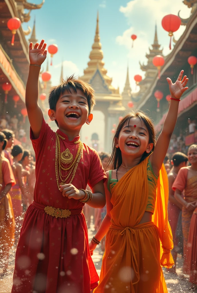 Help girls and boys to have a variety of gestures and poses, wearing Thai costumes on Songkran Day.