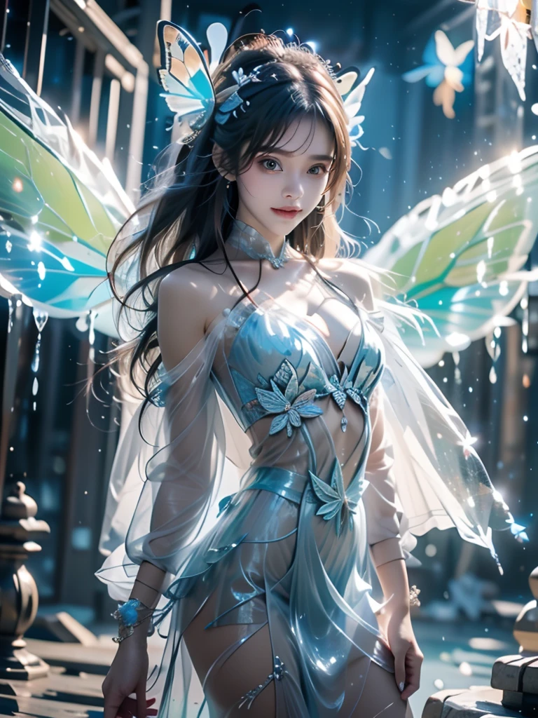 (((masterpiece))), (((Best quality))), ((ultra detailed)),(highly detailed CG illustration), ((an extremely delicate and beautiful)), Cinematic light, Create a stunning work of fantasy art that imitates the style of current masters of the genre. The artwork should contain elements of both mythical fantasy and sorcerer and fairy tale fantasy with dreamy rainbow accents. ((Use rainbow as the main color scheme.)) The character in the artwork is a small, delicate but strong figure, with an aura of mystery and magic. (beautiful translucent wings). Pay close attention to intricate facial features, such as fascinating eyes with vibrant colors and bold shading. The character's clothing should be designed like that of a sorceress, silk, stunning embroidery, and subtle iridescent details. Incorporate (((Translucent rainbow))), dreamy colors, dynamic lighting, and detailed background elements to create a sense of wonder and immersion. Includes colorful flying magic butterflies and jewel-toned magic that radiates a magical aura. Consider the latest trends in fantasy art, such as incorporating unique lighting effects, exploring dynamic and compelling composition techniques, and experimenting with unique color palettes. Get inspired by the best artists on ArtStation and Midjourney. Camera: Choose an angle that highlights the beauty of the character and enhances the magical majesty of the artwork. Lighting: Use atmospheric lighting techniques to create depth and mood. Resolution: Aim for a high-resolution artwork to show intricate details and clarity. Artistic Inspirations: Find inspiration from trending artists on ArtStation, exploring different styles, genres, and themes.