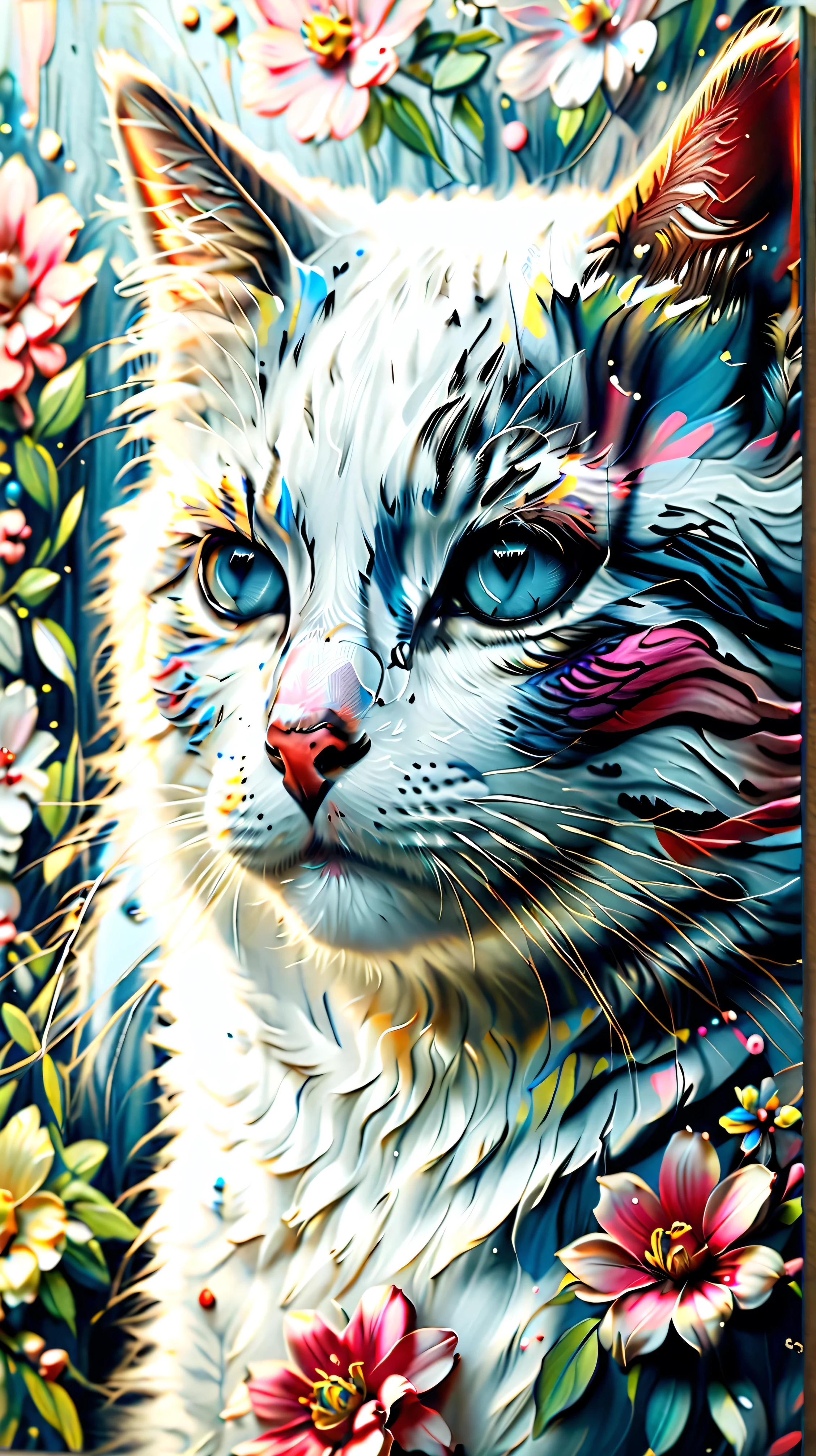 A colorful and textured painting of the face of a small kitten. The size of a cat is 1 part 3 of the image and aligns the outline of the image.. The nose of the cat is noticeably painted in pink flower, Mostly it is in the pink accent., And yellow, light blue, And the red , is represented by thick lines, The impasto paint brush, The background consists of abstract pink pastel