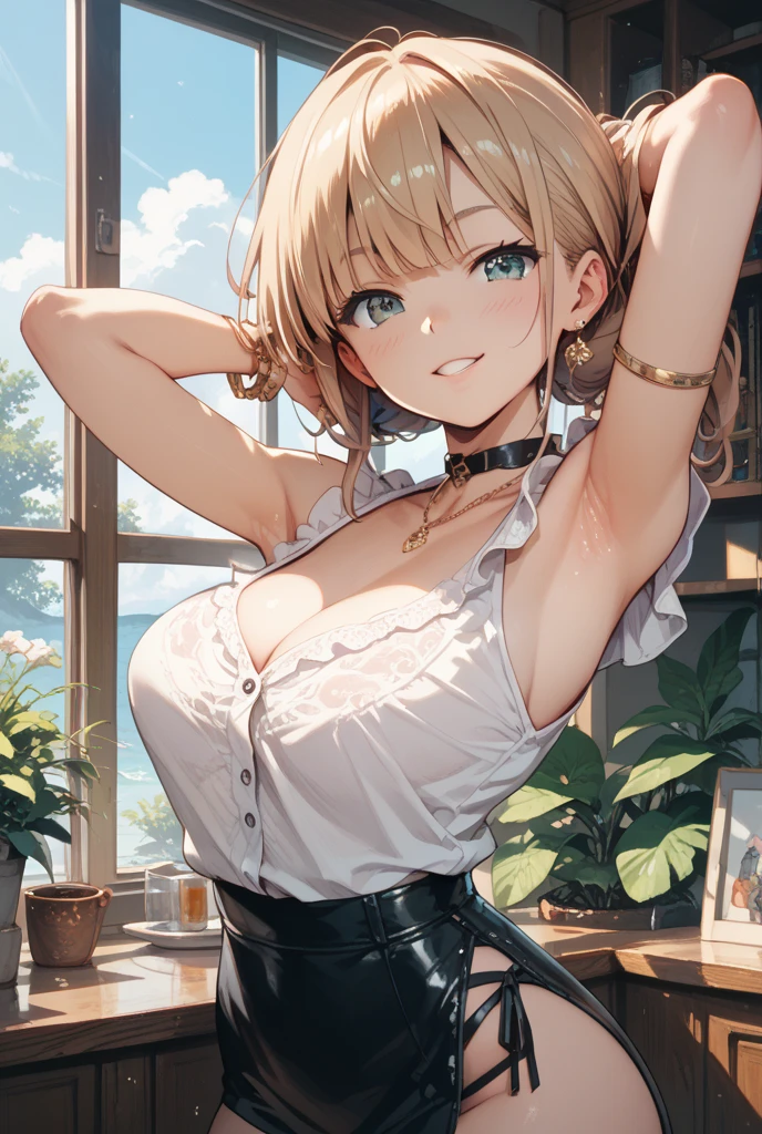 One girl, HS1, (Red left eye:1.3), (Right eye is yellow:1.3), Side Ponytail, X Hair Ornament, Thigh straps, smile,
break nsfw, (Black bra:1.2), (Cleavage:1.3), (chest protruding from the shirt:1.5), Blue shorts, Front tie top, Hair Ribbon, abdomen, Short shorts, Panty Straps, White shirt, Black Choker, Open jacket, Cowboy Shot, Are standing, 
break outdoors, (garden:1.2),
break looking at viewer, 
break (masterpiece:1.2), Highest quality, High resolution, unity 8k wallpaper, (figure:0.8), (Beautiful attention to detail:1.6), Highly detailed face, Perfect lighting, Highly detailed CG, (Perfect hands, Perfect Anatomy)