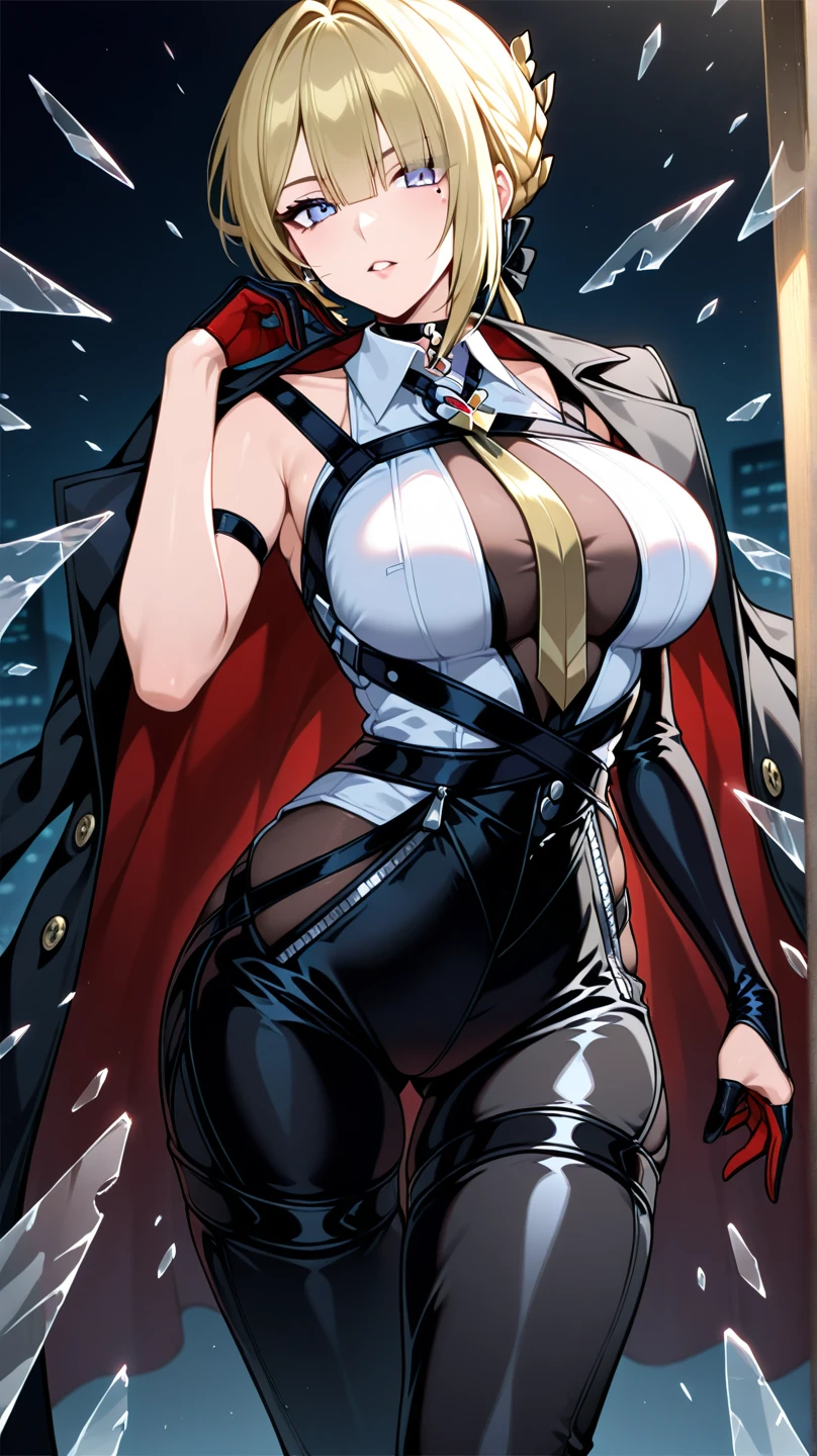 artoria_pendragon_(lancer)_(fate) \(fate/grand_order\), \(fate/grand_order \), 1girl, mature_female, (red hair, red eyes), fair skin, thick lips, masterpiece, best quality, highres, huge breasts, white bra, (bra peek), looking at viewer, disgust, cleavage, collarbone, unbuttoned shirt, black shirt, (black military uniform), (red_military_jacket), jacket_on_shoulders, black pants, gauntlets, posing, throne room, backlighting