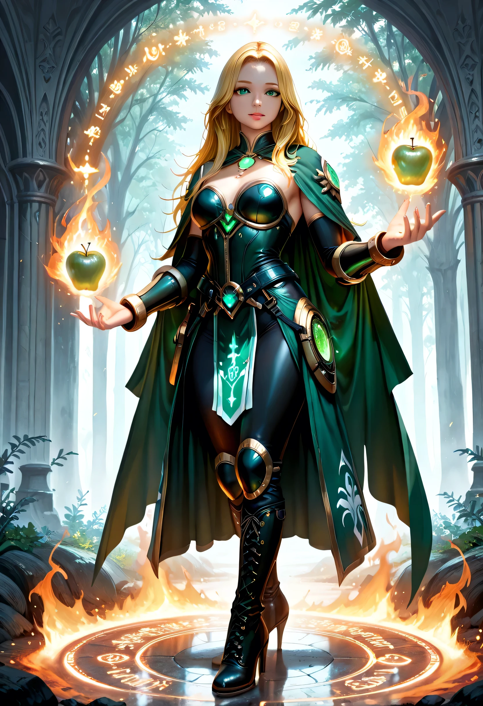 full body picture of olo woman druid, intense details facial details, exquisite beauty, cleric of nature female, ((yellow hair: 1.5)), long hair,  (green eyes: 1.3), armed with a fiery (red apple), wearing (druid combat vestments: 1.5), wearing high heeled laced boots, wearing an (green cloak:1.3), wearing glowing holy symbol, manipulating fiery runes, fiery energy fantasy art, dnd art, RPG art, wide shot, (masterpiece: 1.4) intense details, highly detailed, photorealistic, best quality, highres, within fantasy temple of nature background, reflection light, high details, best quality, 16k, [ultra detailed], masterpiece, best quality, (extremely detailed), close up, ultra wide shot, photorealistic, RAW, fantasy art, dnd art, fantasy art, realistic art,((best quality)), ((masterpiece)), (detailed), perfect face, LOAsuccXL, strapless, lace up stilettos, fantasy, Cinematic Shot, dvr-hgh-fnt