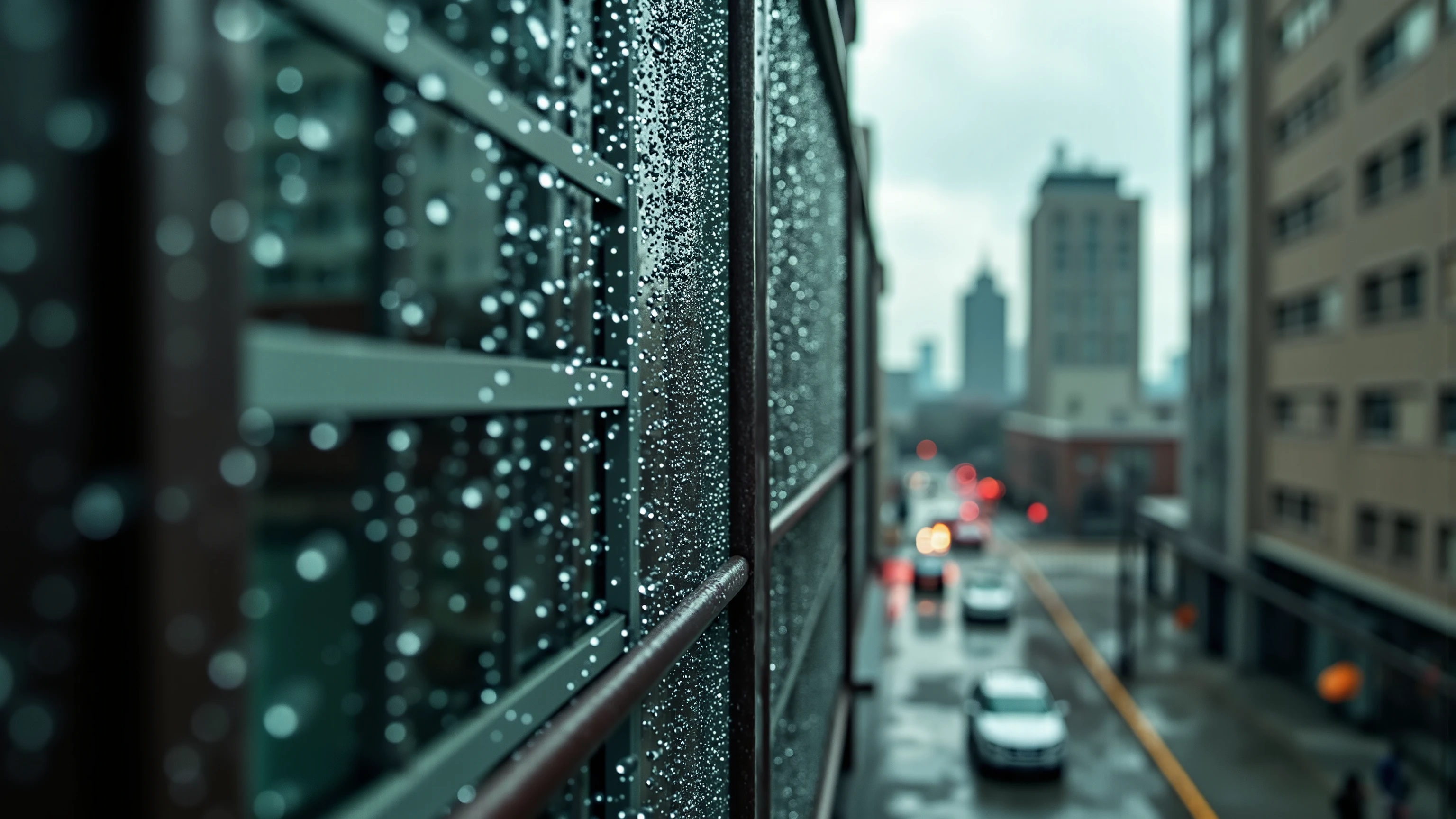 A photograph looking up at the sky. Many raindrops are falling. Focus on the raindrops. Each raindrop has a beautiful reflection of the cityscape. Super close up on the raindrops. outdoors, cityscape, ray tracing, UHD, HDR, 16k, DSLR, cinematic, photorealistic, masterpiece, award-winning.